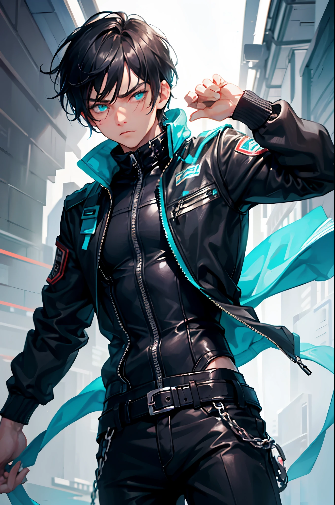 1boy, male, mid 20s, mature, black hair, turquoise eyes, bangs, cold eyes, glaring, leather jacket, racing jacket, tank top, from the waist up, long eyelashes, sharp eyes