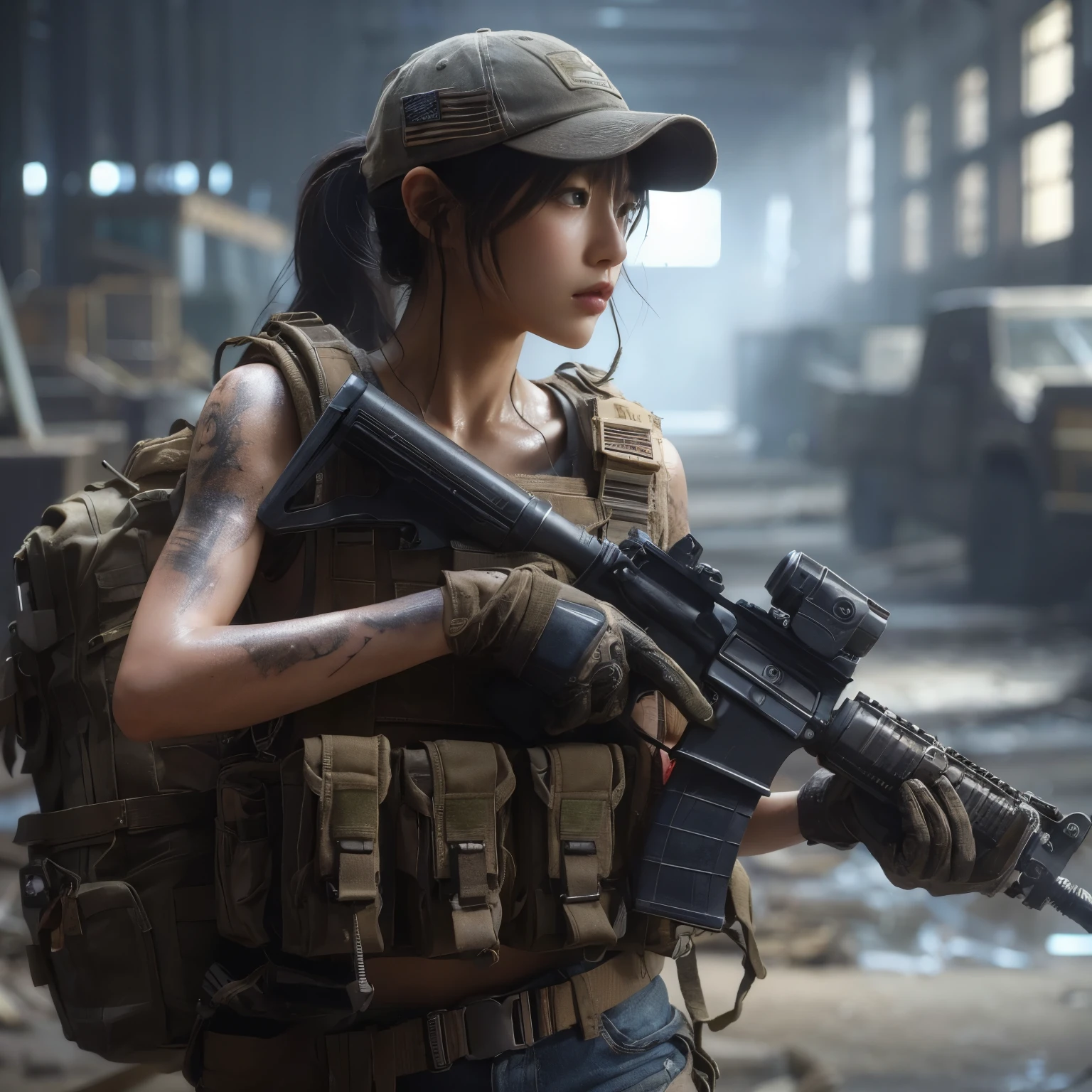 ８K,realistic photo、realistic skin texture、A beautiful Japanese woman belonging to the American military is in an abandoned factory that is no longer in use.、The roof collapses and light shines in、Dust is flying、A large machine placed casually is broken.、bulletproof vest、Holding an automatic rifle、with caution、Backpack、wearing a baseball cap、It is dirty、tattoo、moving action pose、muscle、dramatic composition、Zoom out