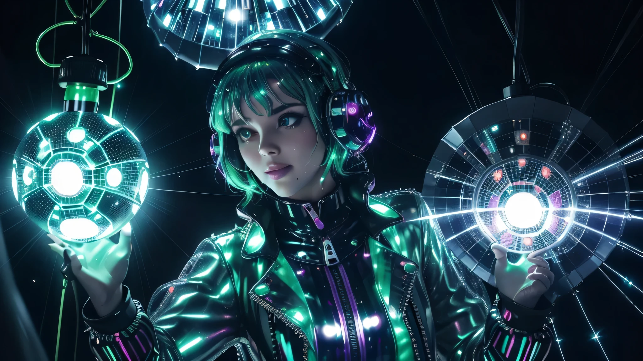 disco, (Mirror Ball (big spinning ball, covered with small pieces of mirror glass):1.1), (Adult German woman:1.6), Holding wires, Looking at the camera, (polyvinyl jacket with rivets:1.3), (enthusiastic fashion:1.6), (green hair:1.4), (open zipper:1.5), (erotic:1.8), (sexual:1.5), (glowing disco lights:1.8), (dangling sprinkler wires:1.7), Best quality, Sunbeam, detailed face, amazing, realistic skin details, high quality, visible from below, translucent, (voluptuous:.9), sensual, lustful, dominant, (sexual:1.4), sexual, romantic, high quality, detailing, Cinematic light, side lighting, stars background, sharp focus, overexposed light