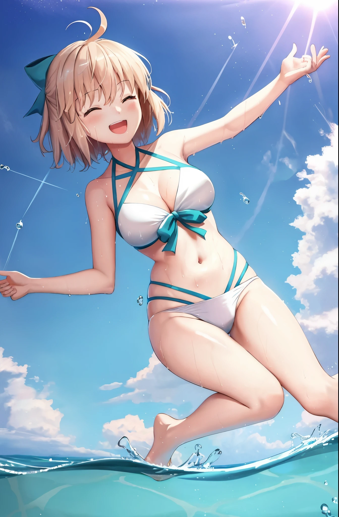 masterpiece, best quality,extremely detailed CG unity 8k wallpaper,
1girl,okita souji \(fate\), swimsuit,bikini,
 smile,open_mouth,jumping,sunlight,splash_of_water,happy,closed_eyes,(apart_legs:1.2),beach,wet,rising_knee,