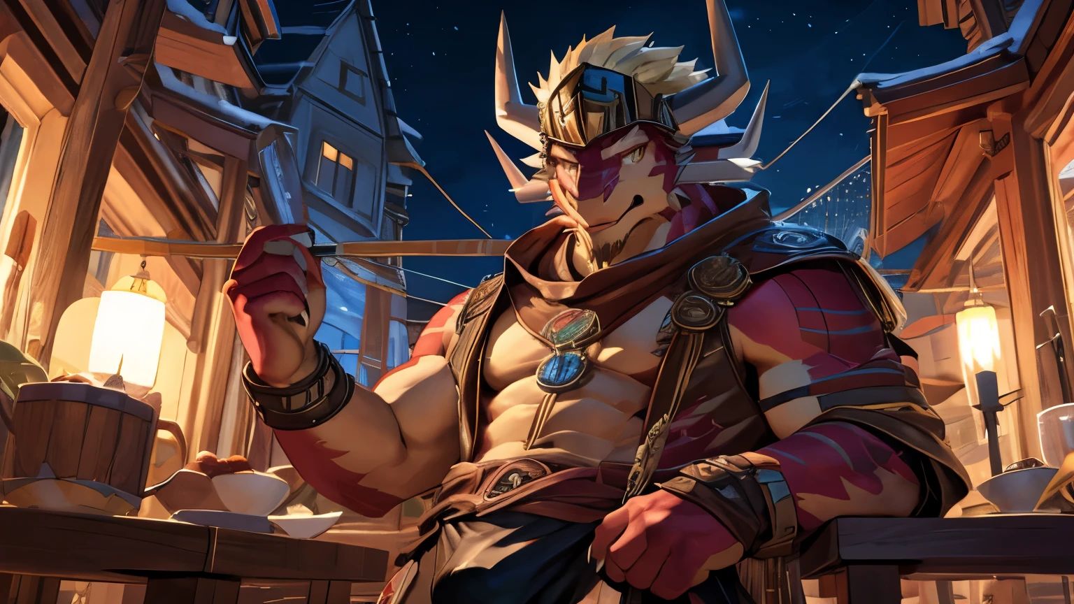 High resolution, 8k, Masterpiece, Official art, Cygames, Shadowverse, Ultra details,

Art by DASAGI, Art by Meesh, Art by Chunie, Art by Personalami, 

((Drum bunker dragon)), (Anthro), Detailed face, Detailed eyes, Dragon, Scalie, Helmet, Male, Solo, Horn, Claws, Blonde hair, Hyper muscular, 

Lay down, Sexy pose, Naked, (Bulge), Black brief, Looking at viewer, Stick out tongue Smiling, Blush,

Kemono, Detailed background,