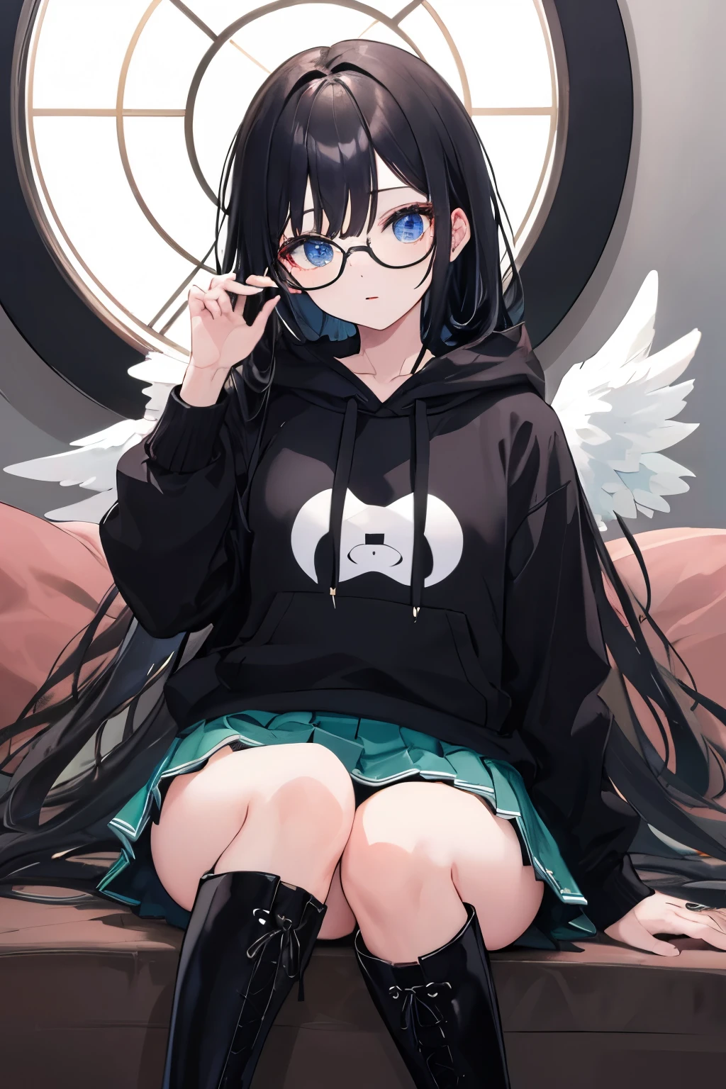 ((highest quality)), ((masterpiece)), (be familiar with), perfect face long black hair　With bangs　square glasses　large hoodie　mini skirt　Knee-high boots　
Angel