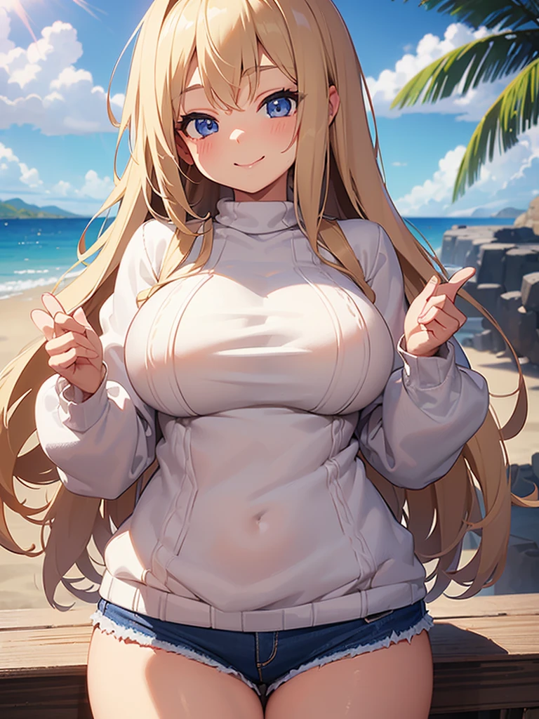 master piece,detailed,(((best quality))), ((****)),((cute)), (petite),(((1girl))),blond hair,(gigantic breasts),outdoor,seductive smile,beach,((white sweater)),(denim short pants),