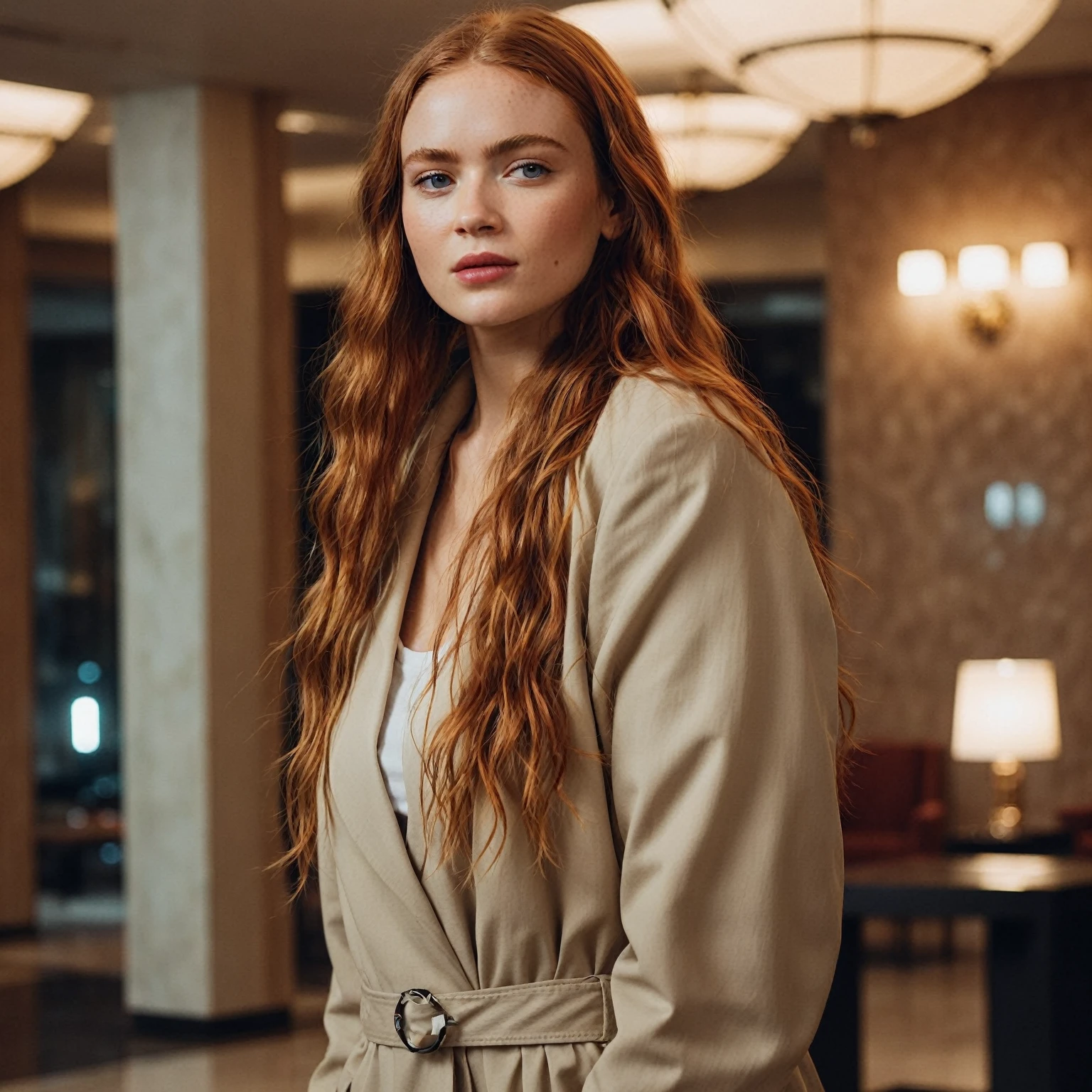 extreme face closeup of beautiful ((ohwx woman)) in a resort lobby, sharp focus, looking at the camera, realistic matte skin, cinematic style, dark ambiance