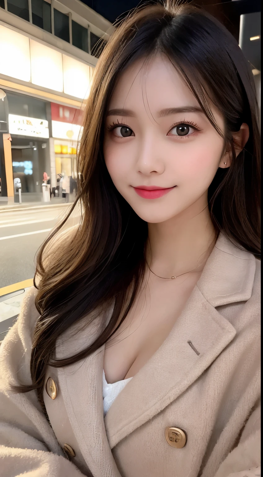 table top, highest quality, shape, Super detailed, finely, High resolution, 8k wallpaper, 完璧なダイナミックな構shape, beautiful and detailed eyes, Gorgeous and stylish black fluffy latest trend Tokyo winter clothes,ランダムなcute髪,small breasts,natural color lip, bold sexy pose,smile、20 year old girl、cute、sexy shot looking at camera,Always blur the background,perfect and beautiful face,Take only the face,Beautiful and dense face、slim face and style,Big eyes、Do gal makeup,real photos、luxury brand mink coat