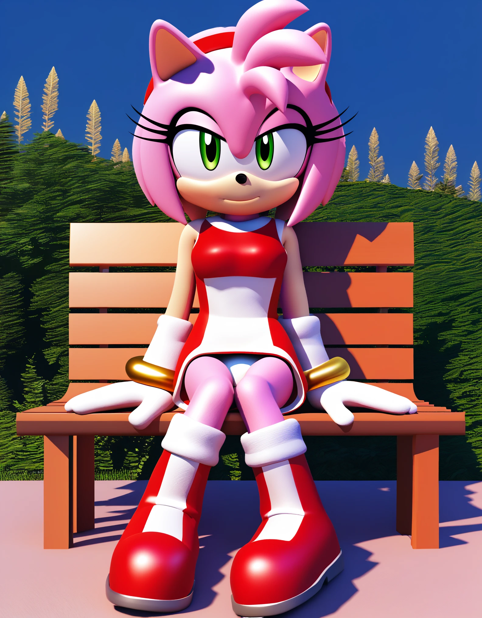 score_9, score_8_up, score_7_up,  [Amy Rose], [sonic the hedgehog \(series\)], [Uploaded to e621.net; (Pixelsketcher), (twistedterra), (napalm_express)], ((masterpiece)), ((solo portrait)), ((front view)), ((full body)), ((detailed fur)), ((detailed shading)), ((beautiful render art)), ((intricate details)), {anthro, (pink fur), black nose, animal ears, cute green eyes, short hair, headband, short tail, (beautiful legs), (expressionless), (pouting)}, {(short red dress), (red knee-high boots), (white stripes on boots)}, {(sitting on bench), (legs crossed), (head resting on hand), (upskirt white panties), (looking at viewer)}, [background; (park), (dirt pathway), (blue sky), (sun rays)]