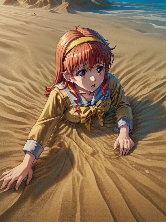 fujisaki shiori, yellow hairband, , serafuku, long sleeves, pleated skirt, desert,in sand,sand dust,(((sinking in sand,submerged in sand))),
