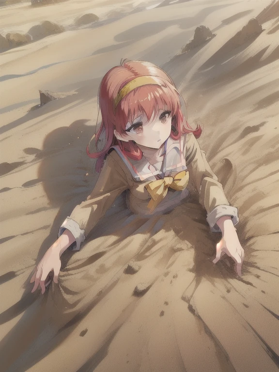 fujisaki shiori, yellow hairband, , serafuku, long sleeves, pleated skirt, desert,in sand,sand dust,(((sinking in sand,submerged in sand))),
