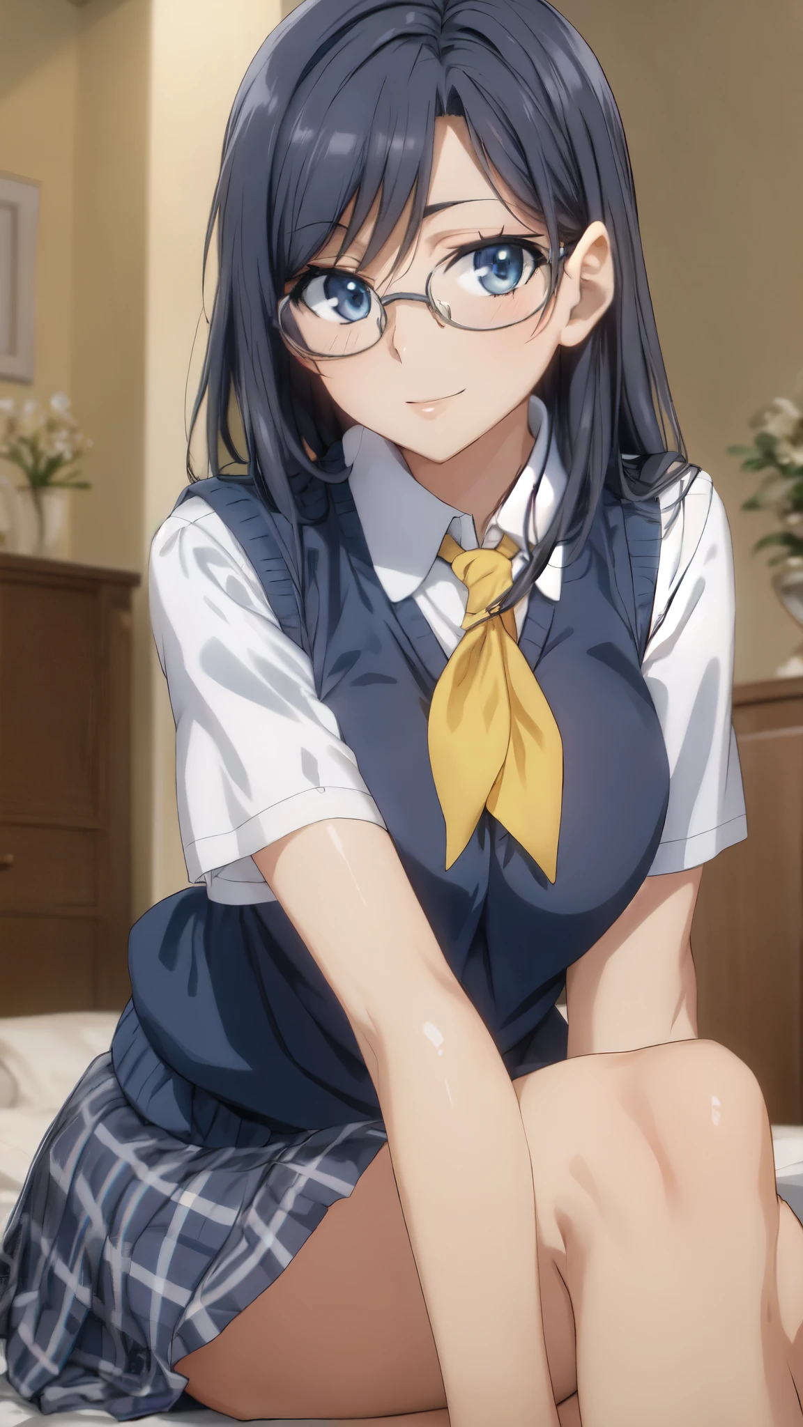 (masterpiece, highest quality, High resolution), morning, anime,semi-long, (black hair, blue eyes, Glasses,:1.3) ,bright yellow neckerchief, (vivid color,bright light),collared shirt, sweater vest,large breasts,(Blue Vest:1.2), short sleeve, armband, plaid skirt, gray skirt, indoors, sitting, smile, open your mouth a little, Thigh,