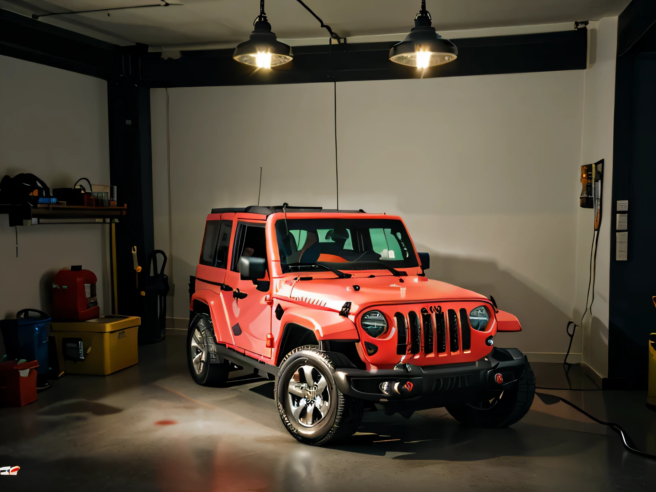 A jeep parked in the garage,Turn on the light, Very high quality lamp, large LED lights, LED light, extremely Quality lighting, LED lighting, Very bright white light, Extremely homogeneous illumination, Top-down spotlight lighting, Equipped with professional lighting, High quality lighting, LED lights, simple, Quality lighting, simple to use, very clear pictures, Enhance lighting