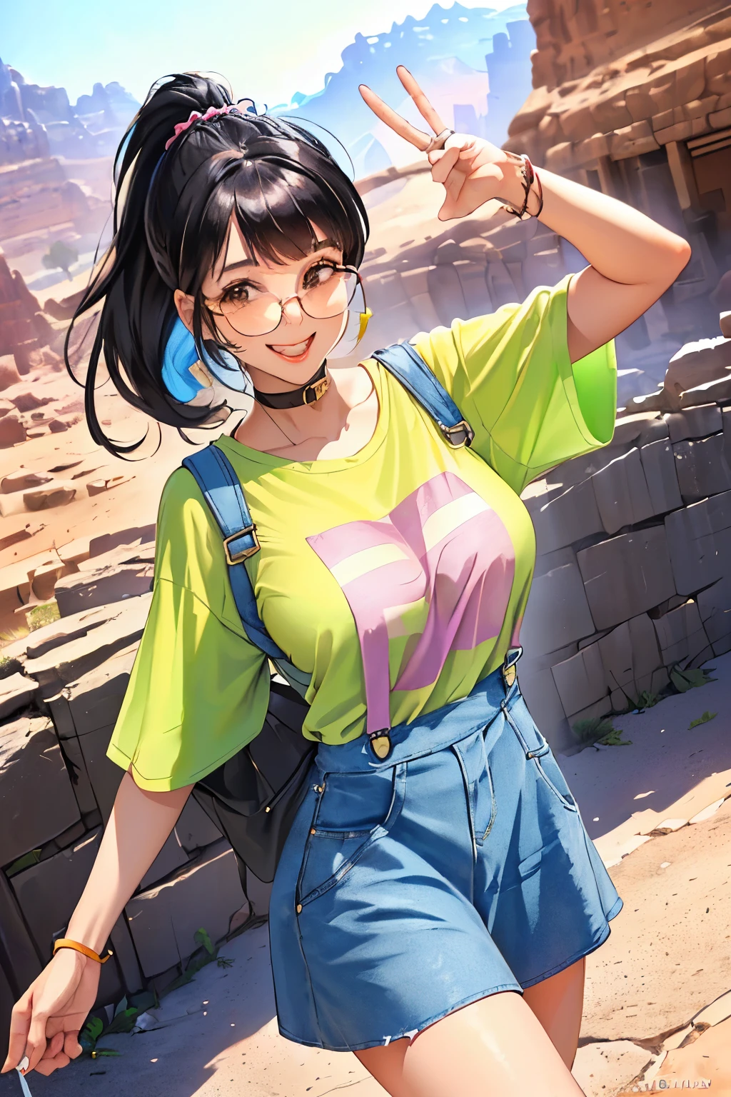 ((Wide angle shot)) Beautiful female tourist, black hair in a ponytail, bangs, wearing large glasses, smiling at the corners of the mouth, ((wearing a pastel-colored t-shirt and large mini-skirt overallorning Light, Petra Jordan