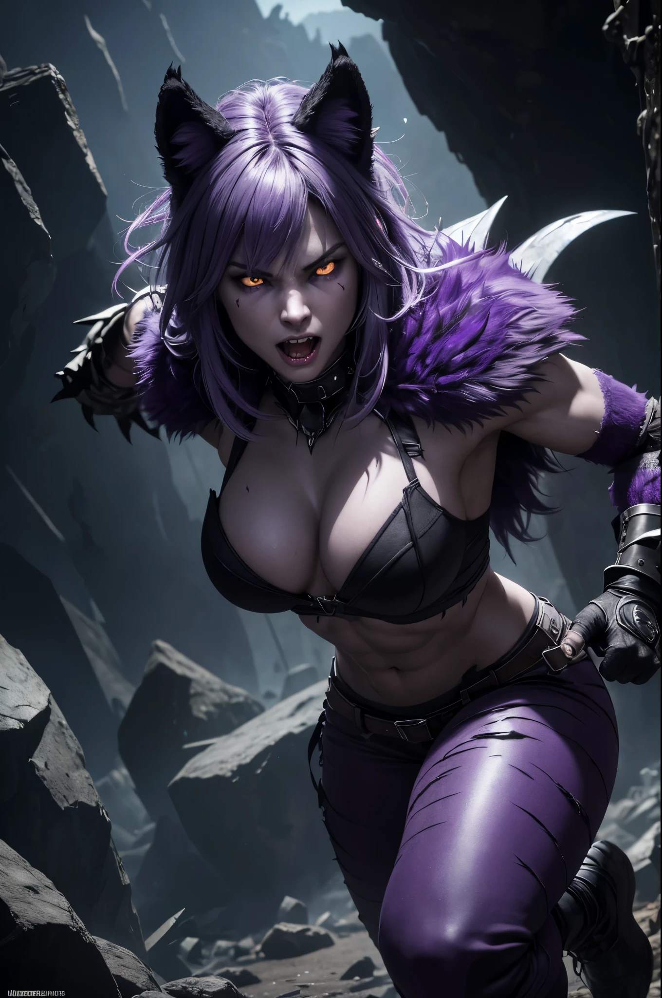 8K,Wrathful Werewolf of the Underworld,attack with sharp claws,purple eyes,Violent and strongly cracked abdominal muscles,sharp wolf fangs,gray and purple hair,black combat pants,masterpiece,Photorealistic RAW photos of the highest quality。bright colors,rich colors, Backlight, cinematic lighting, film grain, to be born, 50MM lens, Nikon D850,super realistic skin,fantasy art,character art,ultra high resolution,realistic scale skin,Perfect hand shape,dark underworld wasteland,fighting pose,dynamic action pose,mottled gray and purple wolf fur,small breasts,