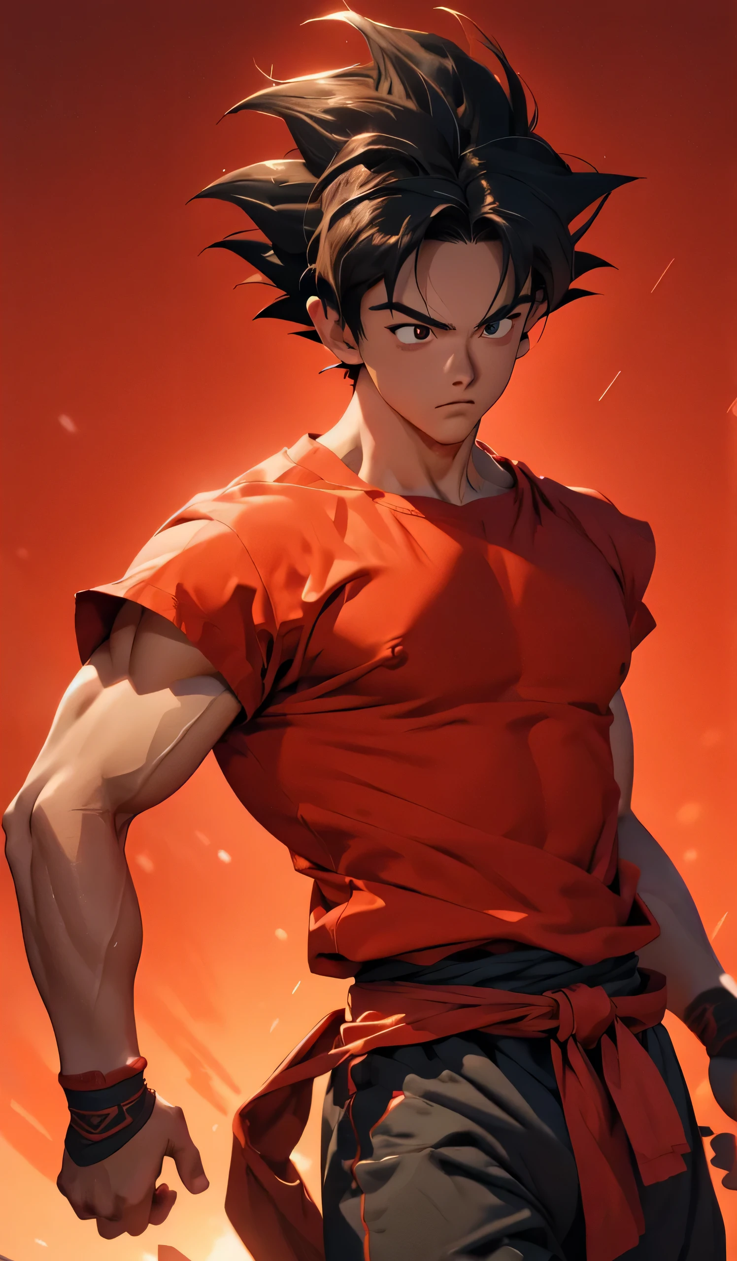 1boy,Goku,red background,absurdres,masterpiece,highres,intricately detailed,a gay man,sexy,muscular,strutting outdoors,gorgeous eyes,detailed face,pouring rain,outdoors,global illumination,subsurface scattering,