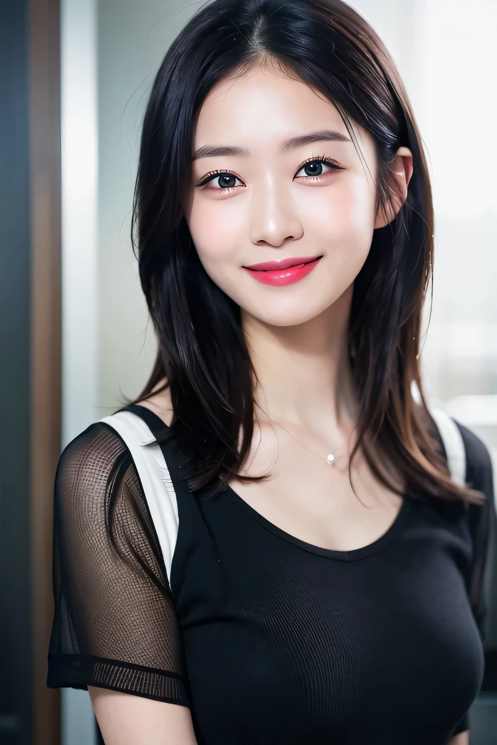 dressed, (photo realistic:1.4), (hyper realistic:1.4), (realistic:1.3),
(smoother lighting:1.05), (Improve the quality of movie lighting:0.9), 32k,
1 girl,20 year old girl, realistic lighting, Backlight, faceに光が当たる, ray tracing, (bright light:1.2), (Improvement of quality:1.4),
(Highest quality realistic textured skin:1.4), fine eyes, 細かく描かれたface,
(tired, sleepy and happy:0), (笑face:1.4), face
(Enhances the mood of your body line:1.1), (Enhances the beauty of skin texture:1.1)black hair、dark eyeliner、beautiful teeth