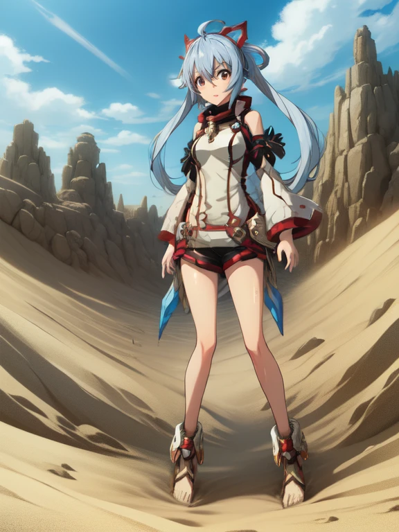 Phantasy Star Online 2, Matoi, desert,in sand,sand dust,(((sinking in sand,submerged in sand, standing, legs))),full body,