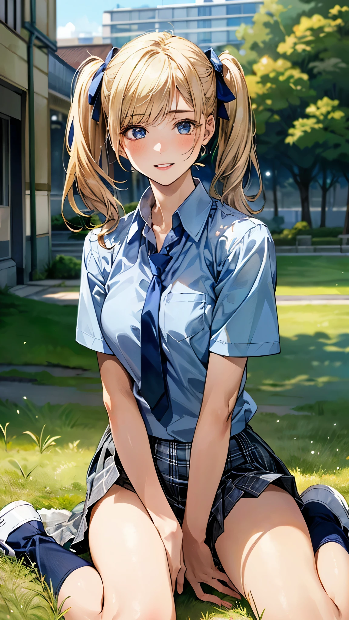 (masterpiece:1.3, top-quality, ultra high res, ultra detailed), (realistic:1.1, photorealistic:1.4), beautiful illustration, perfect lighting, colorful, depth of fields,
beautiful detailed hair, beautiful detailed face, beautiful detailed eyes, beautiful clavicle, beautiful body, beautiful chest, beautiful thigh, beautiful legs, beautiful fingers,
looking at viewer, 1 girl, japanese, high school girl, perfect face, (perfect ???????, anatomically correct), cute and symmetrical face, babyface, suntan, shiny skin,
(middle hair:1.5, twintails:1.2, blonde hair), asymmetrical bangs, blue eyes, long eye lasher, (medium breasts), slender,
((collared short sleeve shirt, light blue shirt, , grey plaid pleated skirt, navy tie)), light blue panties,
(beautiful scenery), evening, (park, grass, cityscape in the distance), wariza, ((double peace)), (lovely smile, upper eyes, parted lips),