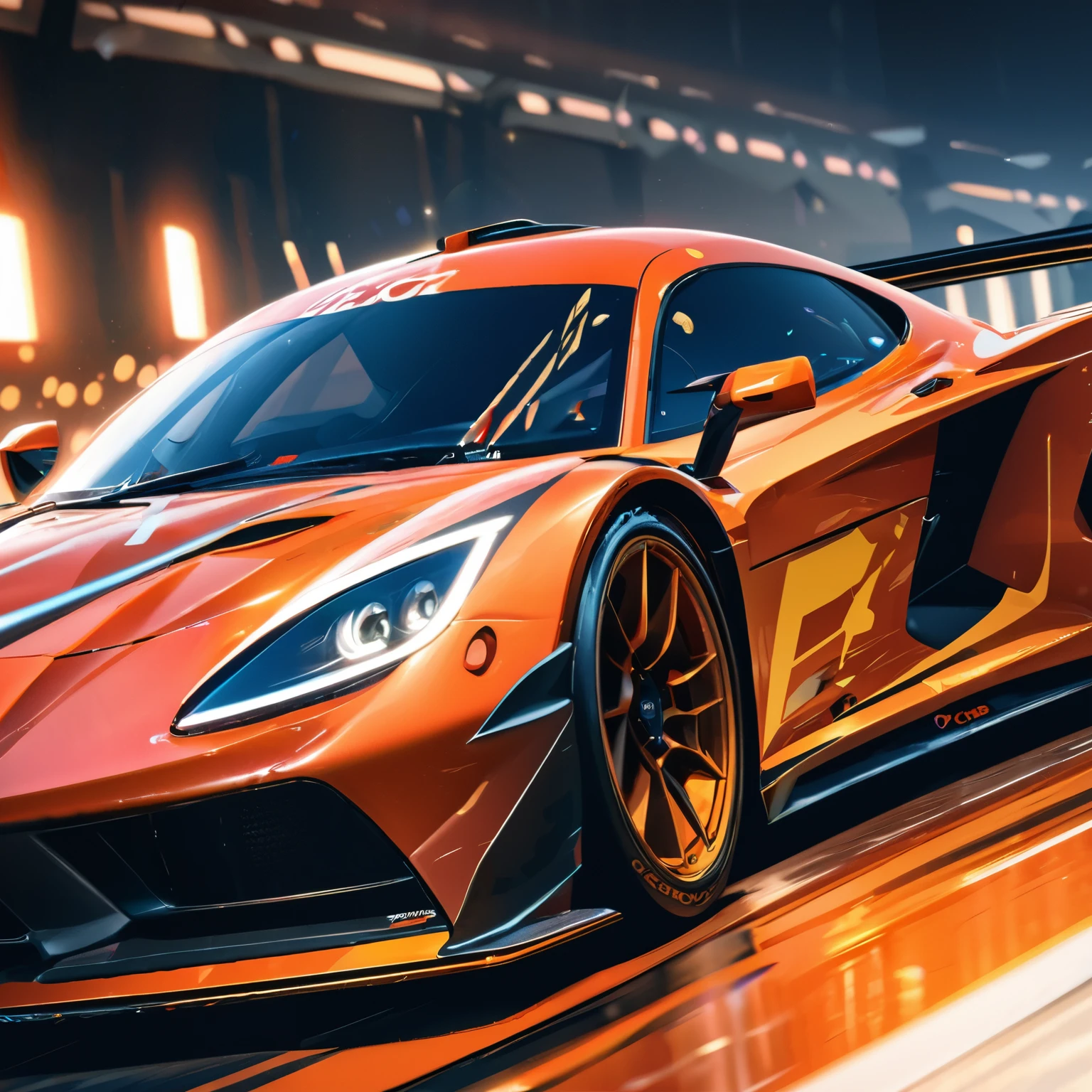 (best quality,8k,highres, masterpiece:1.2), ultra-detailed, HDR, UHD, studio lighting, ultra-fine painting, sharp focus, physically-based rendering, extreme detail description, vivid colors, professional, bokeh, portraits, concept artists, warm color palette, dramatic lighting,1 racing car,speedy, vivid coloring racing car,anime style,distant view,Driving at breakneck speed on the circuit, sunlight reflecting off the windshield,side view,