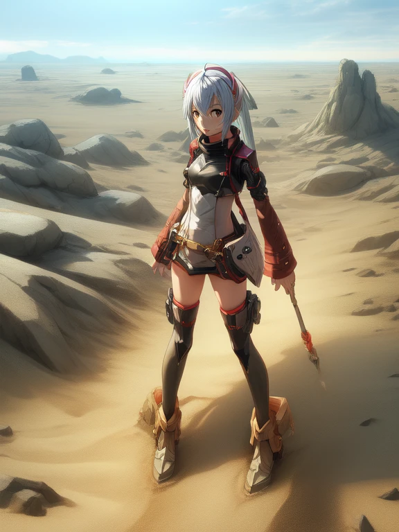 Phantasy Star Online 2, Matoi, desert,in sand,sand dust,(((sinking in sand,submerged in sand, standing, legs))),full body,
