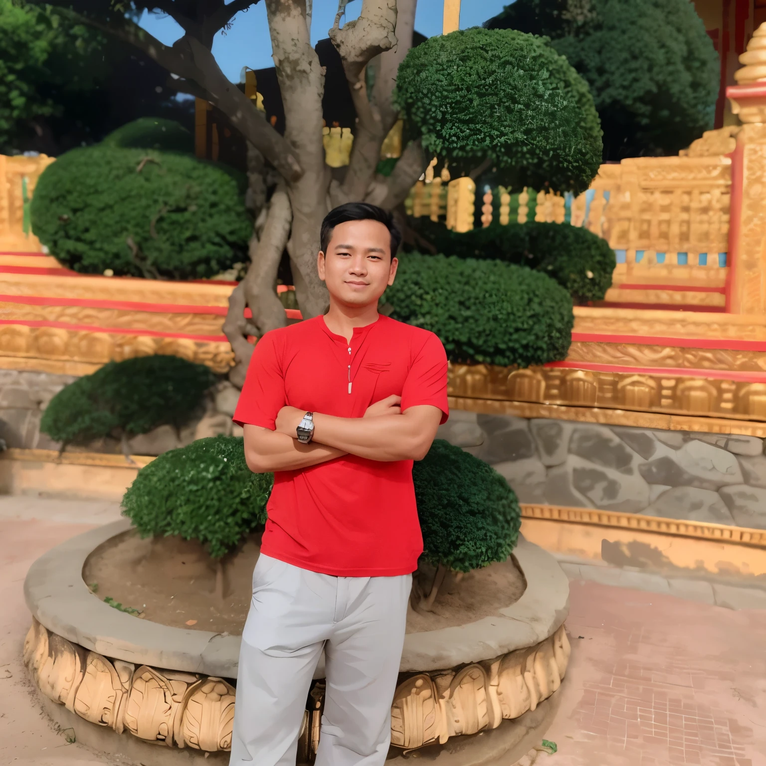 arafed man in red shirt standing in front of a tree, thawan duchanee, nivanh chanthara, in front of a temple, in style of thawan duchanee, in style of lam manh, standing in a buddhist temple, in front of the temple, in a temple, hoang long ly