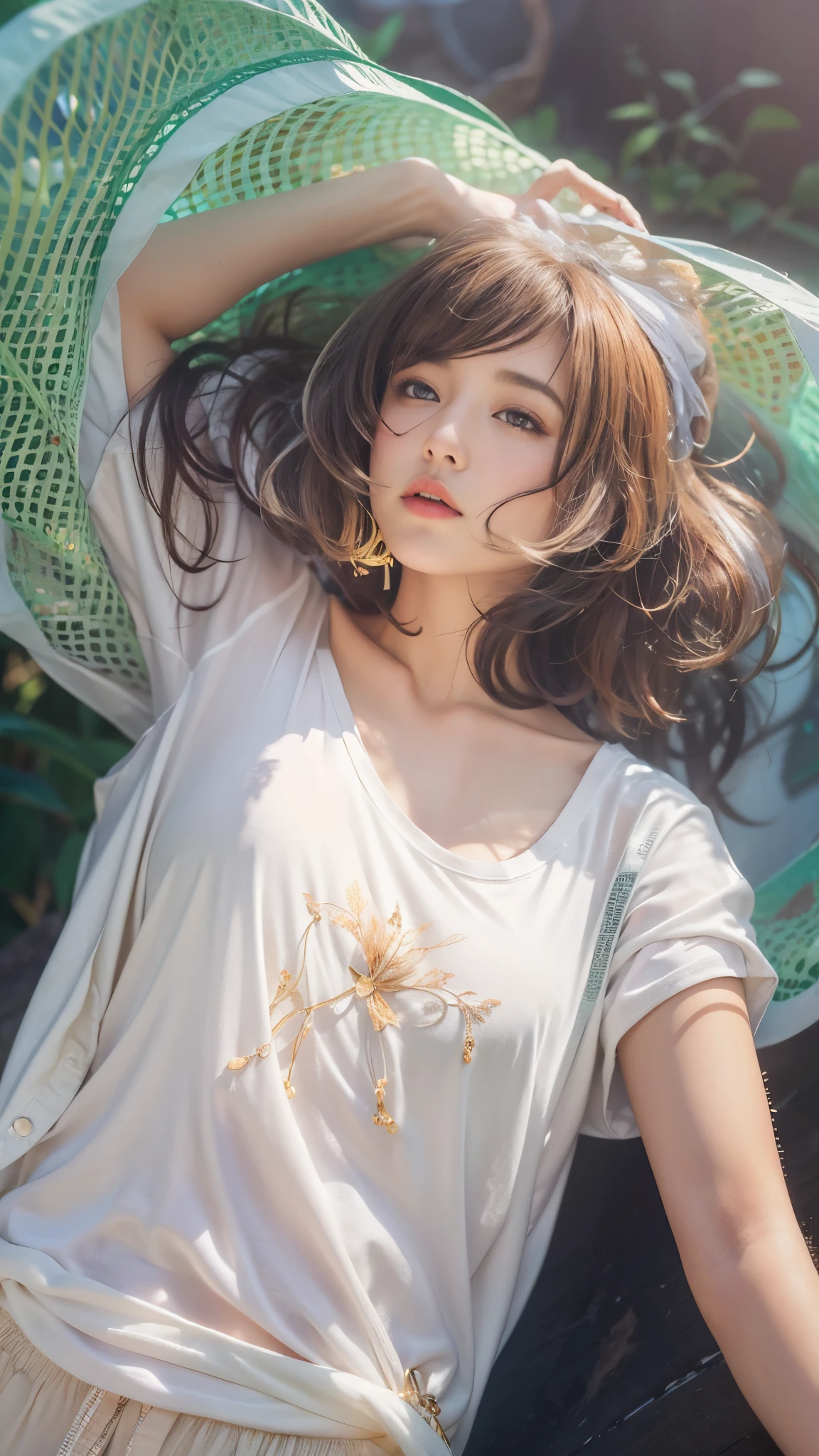 realistic, Highly Detailed CG Integrated 8 thousand Dendenden Wallpapers, Detail, High-quality RAW color photos, professional photography, (8 thousand, RAW photos, best quality:1.2), (realistic, realistic: 1.37), (Long T-shirt:1.5), transcendent beauty, young and cute, european girl, glowing skin, big bust, half exposed chest, (cleavage of breasts:1.2), (fair face:1.2), (Short hair:1.2), (paradise above the clouds:1.3),