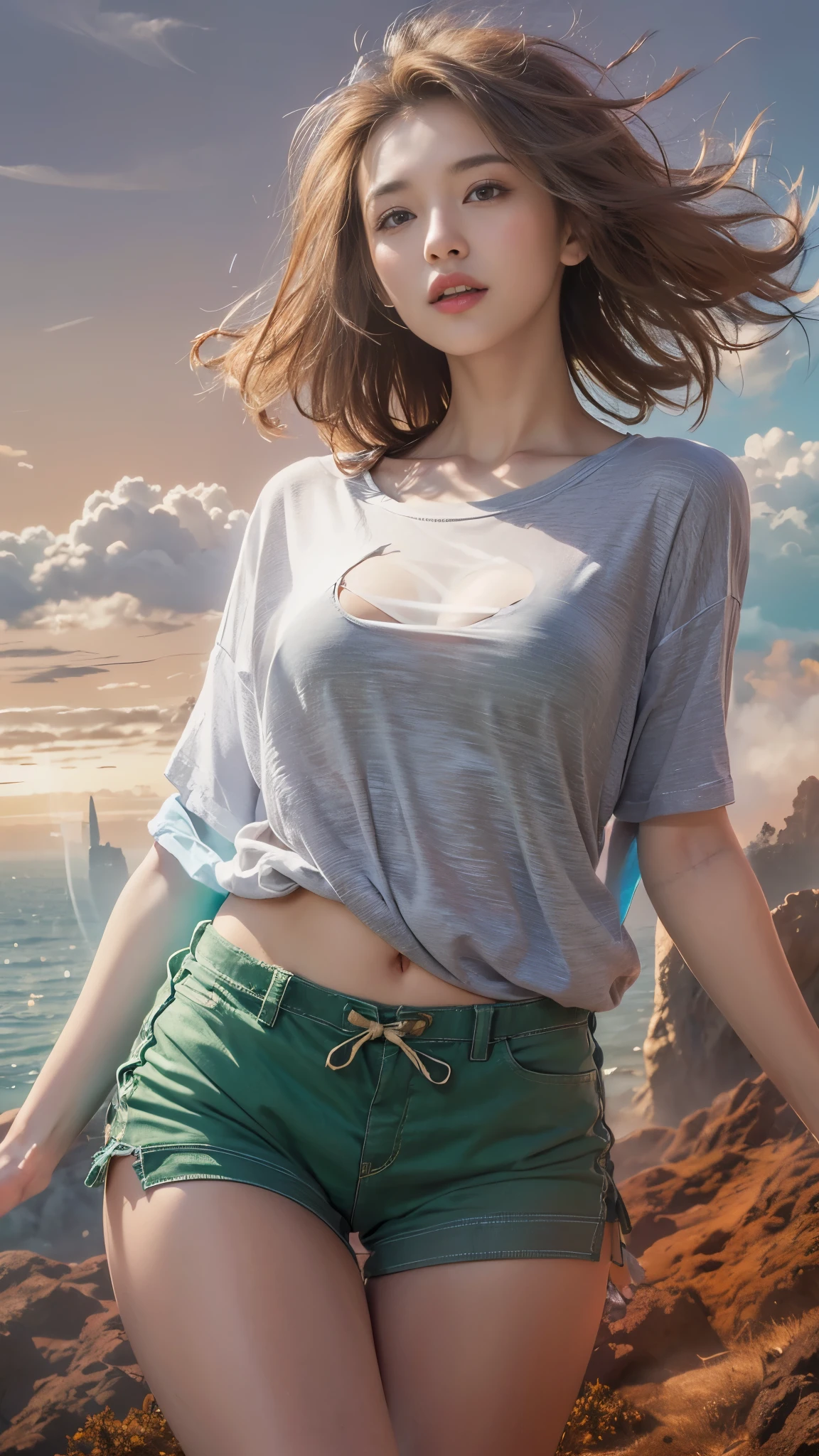 realistic, Highly Detailed CG Integrated 8 thousand Dendenden Wallpapers, Detail, High-quality RAW color photos, professional photography, (8 thousand, RAW photos, best quality:1.2), (realistic, realistic: 1.37), (Long T-shirt:1.5), transcendent beauty, young and cute, european girl, glowing skin, big bust, half exposed chest, (cleavage of breasts:1.2), (fair face:1.2), (Short hair:1.2), (paradise above the clouds:1.3),