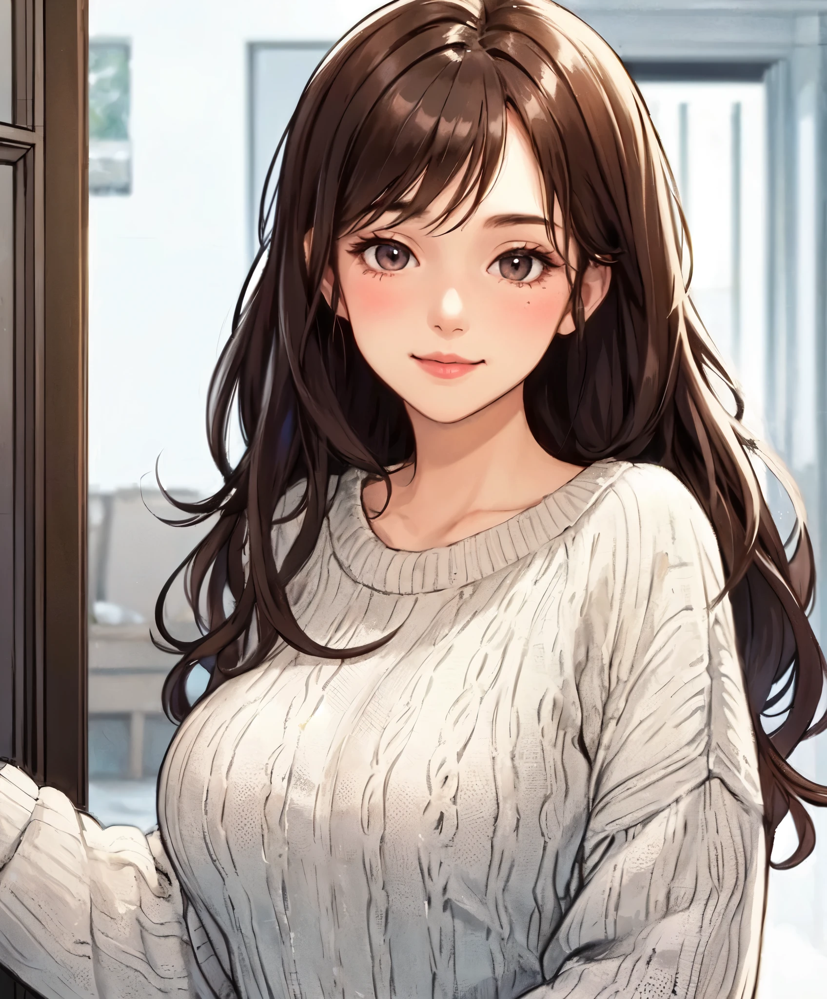 1lady solo, standing, opening door, (ribbed sweater), mature female, /(dark brown hair/), (light smile:0.8), (masterpiece best quality:1.2) delicate illustration ultra-detailed, large breasts BREAK /(apartment entrance/) indoors