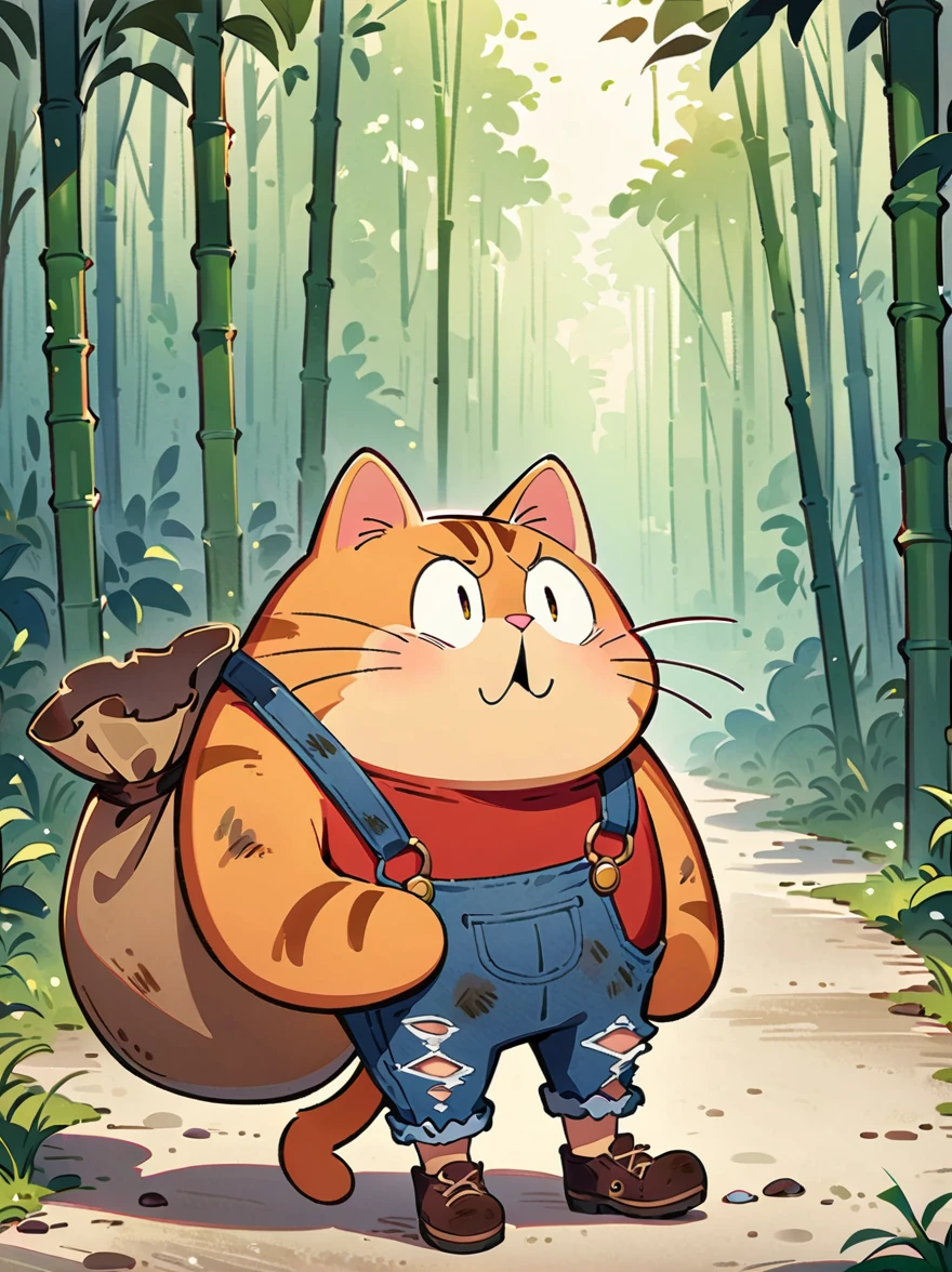 cartoon illustration，simple，Anthropomorphic cartoon raccoon depicting an alien life form，Hats with rabbit ears，Holding a big wooden hammer in hand，Alien bioluminescent vegetation in the background, Anthropomorphic cartoon raccoon looks unusual and majestic, Slender and tall, muscular, glowing blue eyes，Sloppy and exaggerated expression，Loose ripped denim ripped overalls overalls，red top，Tattered leather shoes，Carrying a big bag behind him，walking in abandoned streets，Many broken wine bottles around，Dirty environment，correct human anatomy