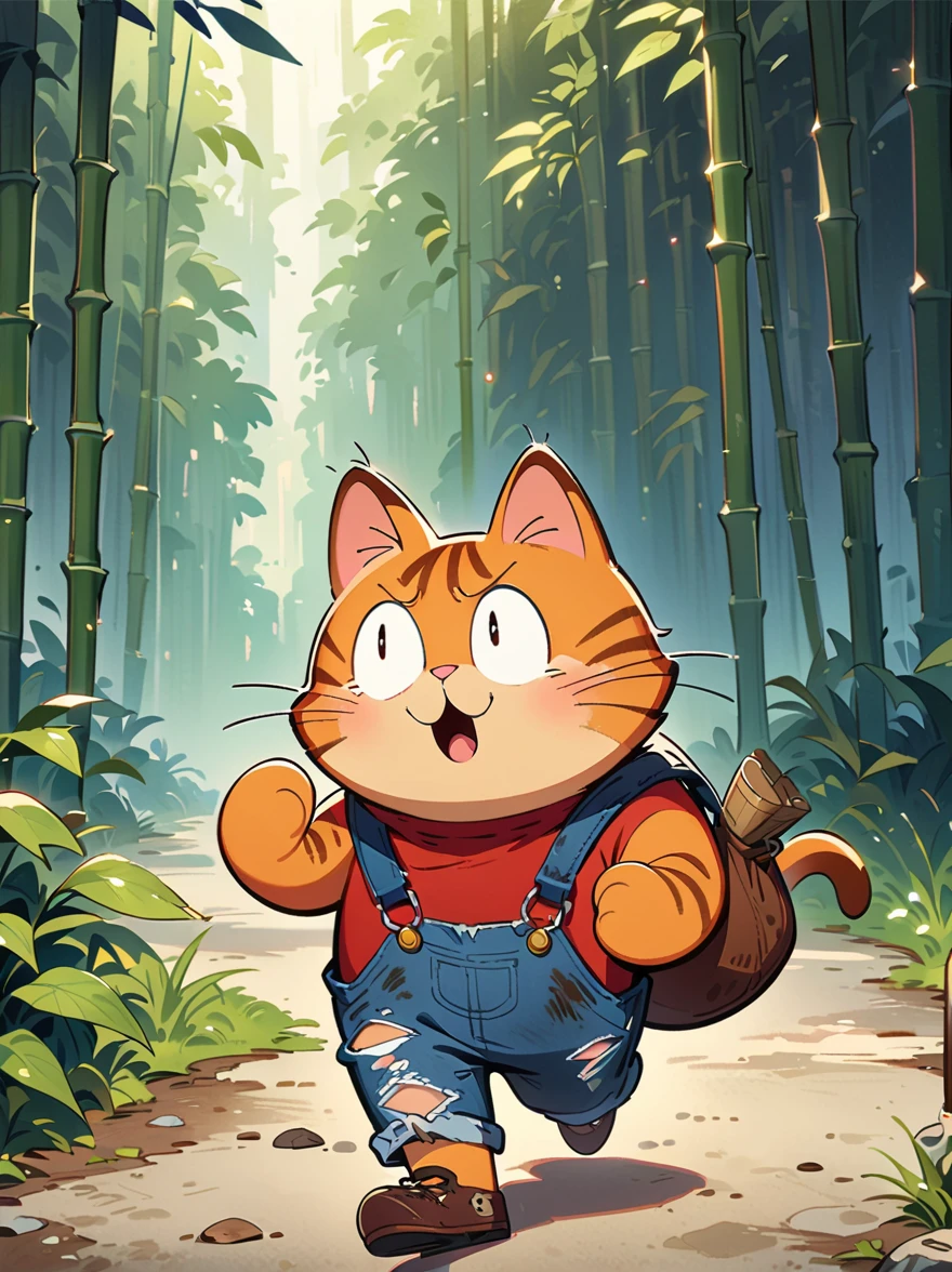 cartoon illustration，simple，Anthropomorphic cartoon raccoon depicting an alien life form，Hats with rabbit ears，Holding a big wooden hammer in hand，Alien bioluminescent vegetation in the background, Anthropomorphic cartoon raccoon looks unusual and majestic, Slender and tall, muscular, glowing blue eyes，Sloppy and exaggerated expression，Loose ripped denim ripped overalls overalls，red top，Tattered leather shoes，Carrying a big bag behind him，walking in abandoned streets，Many broken wine bottles around，Dirty environment，correct human anatomy