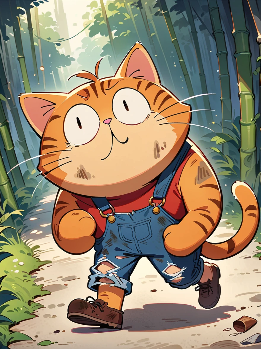 cartoon illustration，simple，Anthropomorphic cartoon raccoon depicting an alien life form，Hats with rabbit ears，Holding a big wooden hammer in hand，Alien bioluminescent vegetation in the background, Anthropomorphic cartoon raccoon looks unusual and majestic, Slender and tall, muscular, glowing blue eyes，Sloppy and exaggerated expression，Loose ripped denim ripped overalls overalls，red top，Tattered leather shoes，Carrying a big bag behind him，walking in abandoned streets，Many broken wine bottles around，Dirty environment，correct human anatomy