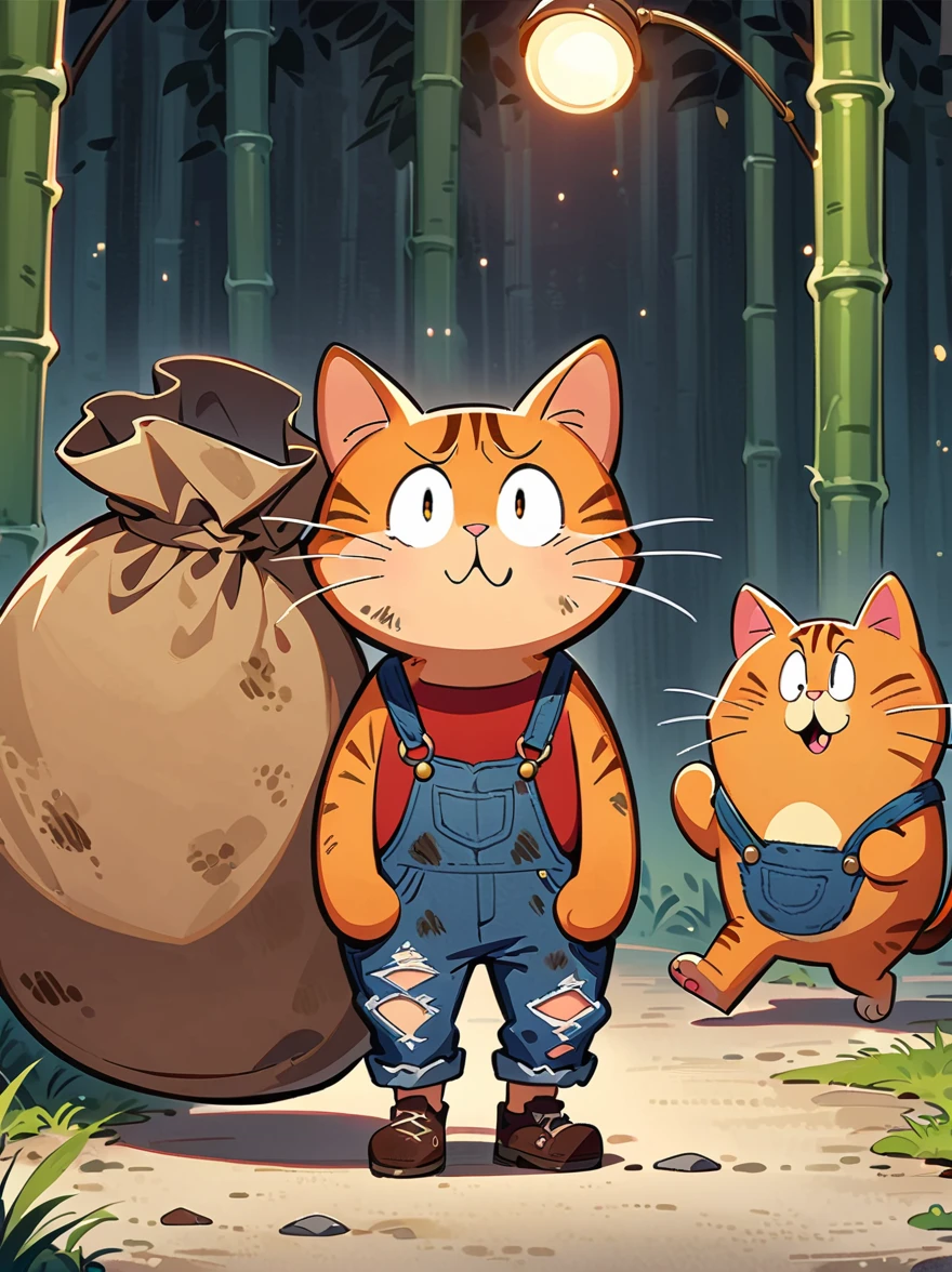 cartoon illustration，simple，Anthropomorphic cartoon raccoon depicting an alien life form，Hats with rabbit ears，Holding a big wooden hammer in hand，Alien bioluminescent vegetation in the background, Anthropomorphic cartoon raccoon looks unusual and majestic, Slender and tall, muscular, glowing blue eyes，Sloppy and exaggerated expression，Loose ripped denim ripped overalls overalls，red top，Tattered leather shoes，Carrying a big bag behind him，walking in abandoned streets，Many broken wine bottles around，Dirty environment，correct human anatomy