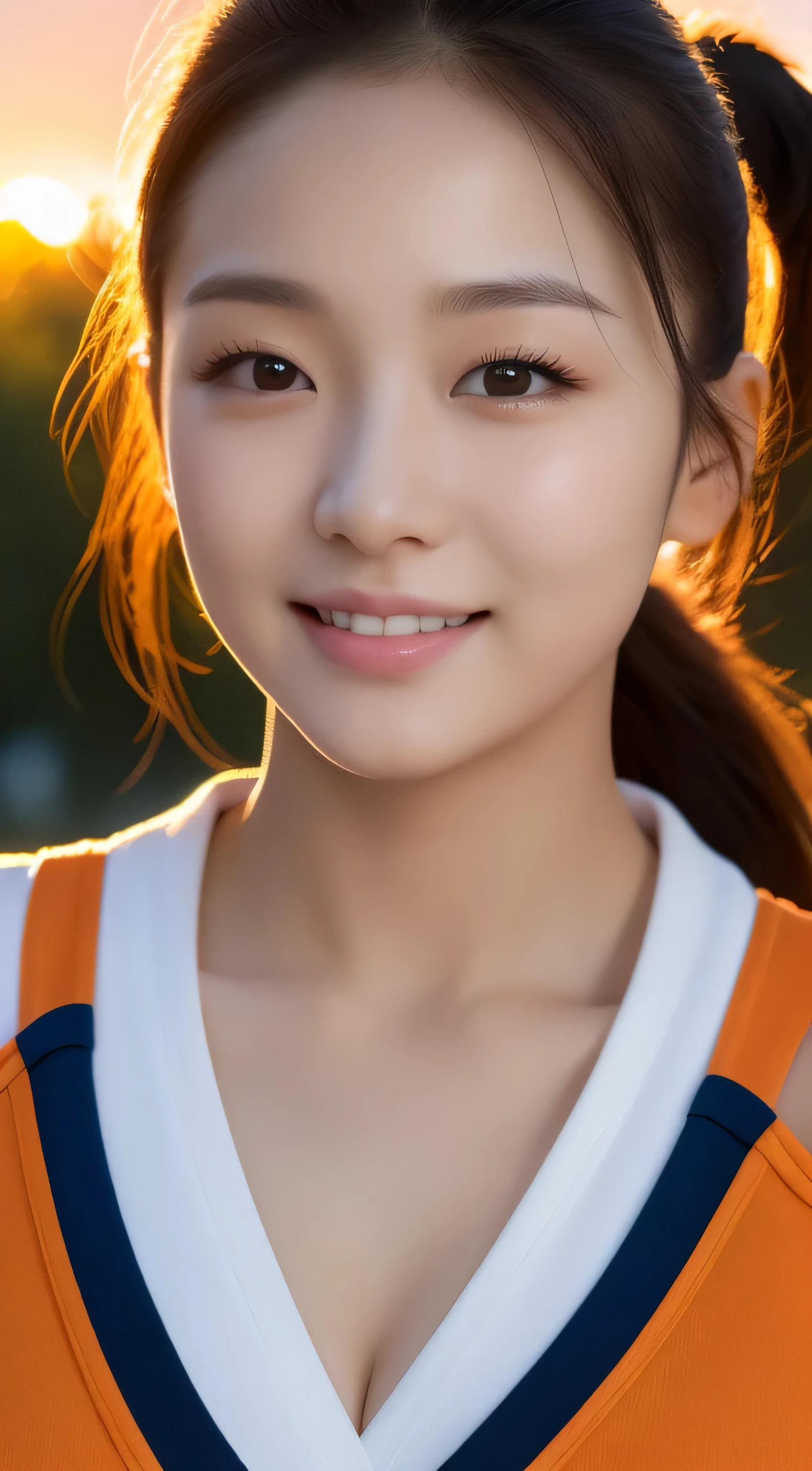 (original photography), (realism), (Masterpiece), (top quality), High resolution, 16K resolution,1 cute real photo of a Korean star,16 years old,cute big eyes,((short ponytail)),White skin,,Light makeup,Bust 32 inches,split,smile slightly,Half-length close-up portrait,Extremely detailed eyes and facial details,Wearing an orange sports vest, (((In the park)), complex background,(((strong sunset light)))
