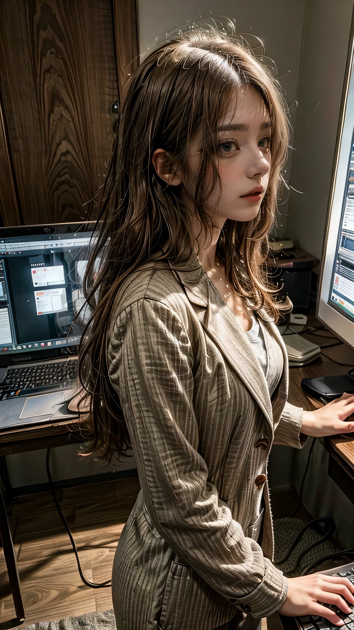 El Forecine 28 years old、long hair、light brown hair、brown eyes、officeカジュアルsuit、suit、office、Material、see through、think、analyze、computer、Side view