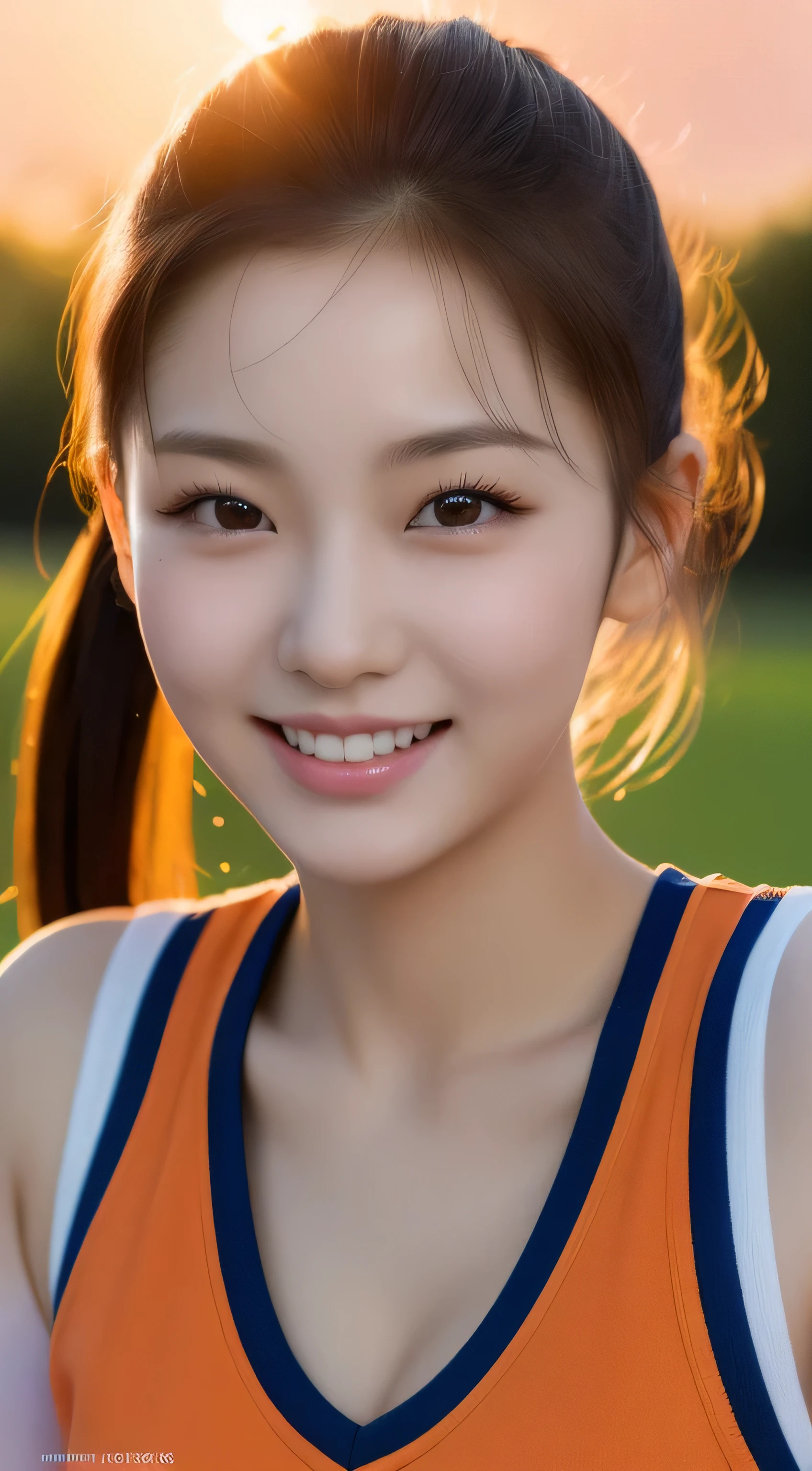 (original photography), (realism), (Masterpiece), (top quality), High resolution, 16K resolution,1 cute real photo of a Korean star,16 years old,cute big eyes,((short ponytail)),White skin,,Light makeup,Bust 32 inches,split,smile slightly,Half-length close-up portrait,Extremely detailed eyes and facial details,Wearing an orange sports vest, (((In the park)), complex background,(((strong sunset light)))