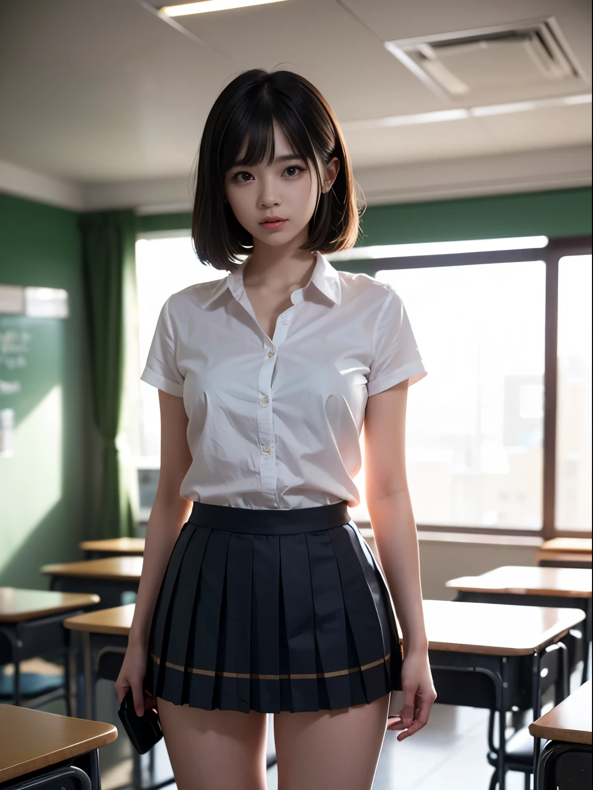 one young girl, 、uniform、8k wallpaper, professional photography, realistic portrait, cinematic light, bangs, shortcut、(expensive , pleated mini skirt:1.3), School, classroom, (get used to it: 1.4), 3D, HDR (high dynamic range), ray tracing, NVIDIA RTX, super resolution, Scattered under the surface, PBR texture, Post-processing, anisotropic filtering, Depth of written boundary, maximum sharpness and sharpness, multilayer texture, Albedo and Highlight Mapping, surface shading, Accurate simulation of light-matter interactions, perfect proportions, octane rendering, surreal、Photographed with Canon EOS R5、50MM lens、f / 2.8