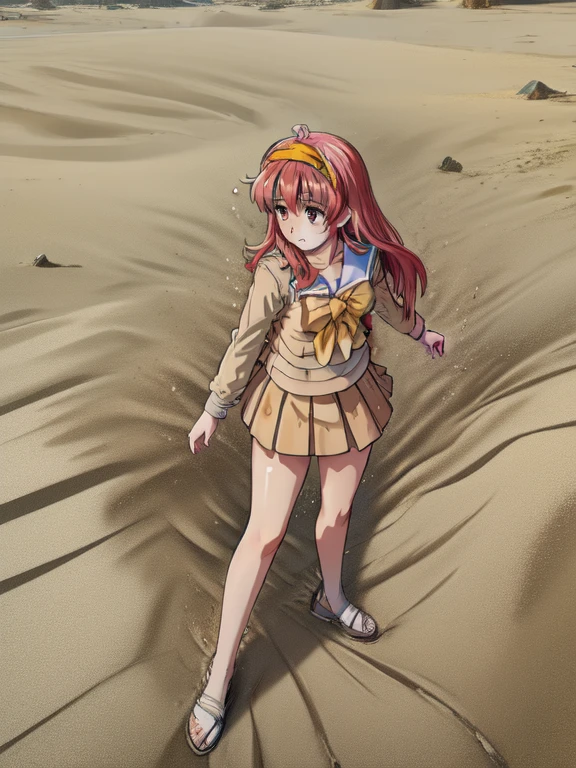 fujisaki shiori, yellow hairband, , serafuku, long sleeves, pleated skirt, desert,in sand,sand dust,(((sinking in sand,submerged in sand, standing, legs))),full body,
