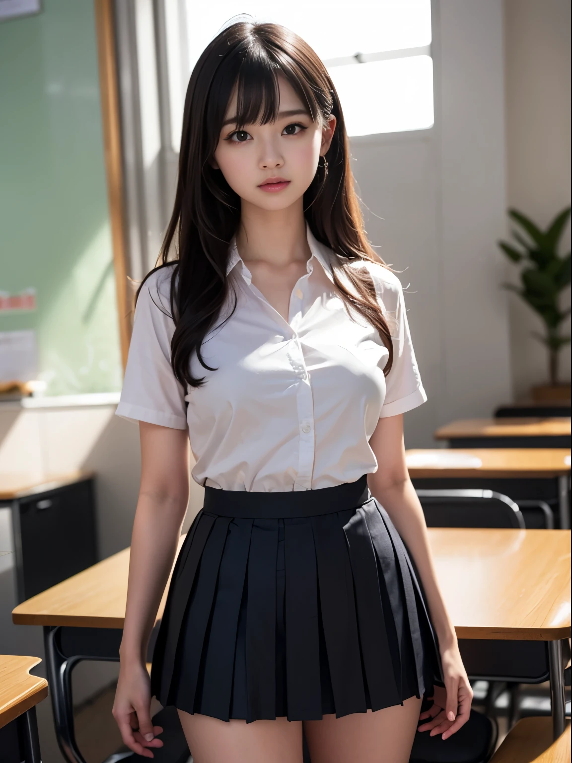 one young girl, uniform、、8k wallpaper, professional photography, realistic portrait, cinematic light, bangs, shortcut、(expensive , pleated mini skirt:1.3), School, classroom,(highest quality:1.0), (realistic:1.0), (8K, Raw photo:1.1), (8k非常にget used to itなCGユニットの壁紙), (highest quality), (best illustration), (best shadow), (get used to it: 1.4), 3D, HDR (high dynamic range), ray tracing, NVIDIA RTX, super resolution, Scattered under the surface, PBR texture, Post-processing, anisotropic filtering, Depth of written boundary, maximum sharpness and sharpness, multilayer texture, Albedo and Highlight Mapping, surface shading, Accurate simulation of light-matter interactions, perfect proportions, octane rendering, 超realistic、Photographed with Canon EOS R5、50MM lens、f / 2.8