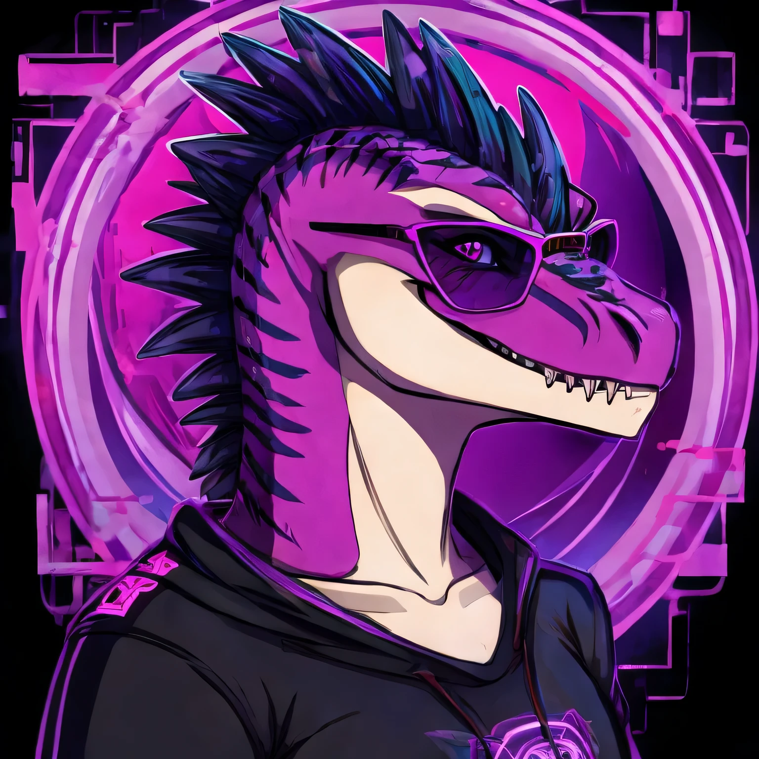 ceratosaurus girl head logo, vector style. black and purple neon shades, Cool, stylishly, Elegantly, colorful, horror style