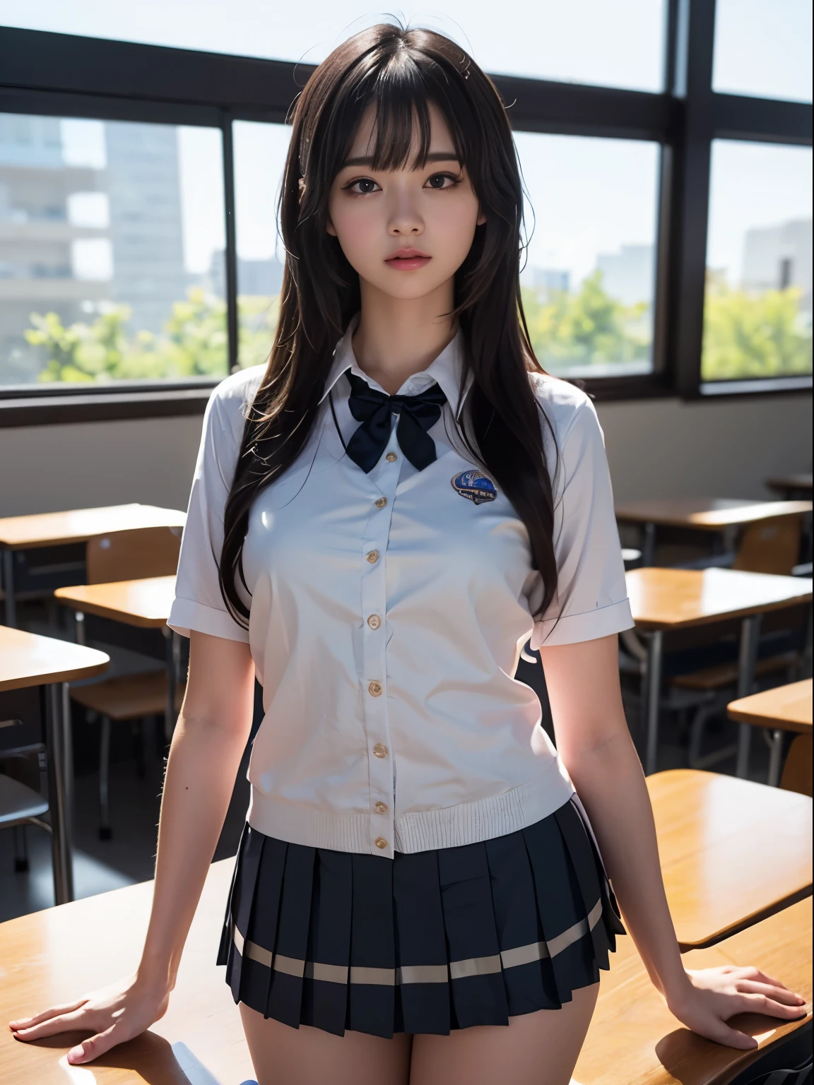 one young girl, blazer、、uniform、8k wallpaper, professional photography, realistic portrait, cinematic light, bangs, shortcut、(expensive , pleated mini skirt:1.3), School, classroom, (get used to it: 1.4), 3D, HDR (high dynamic range), ray tracing, NVIDIA RTX, super resolution, Scattered under the surface, PBR texture, Post-processing, anisotropic filtering, Depth of written boundary, maximum sharpness and sharpness, multilayer texture, Albedo and Highlight Mapping, surface shading, Accurate simulation of light-matter interactions, perfect proportions, octane rendering, surreal、Photographed with Canon EOS R5、50MM lens、f / 2.8