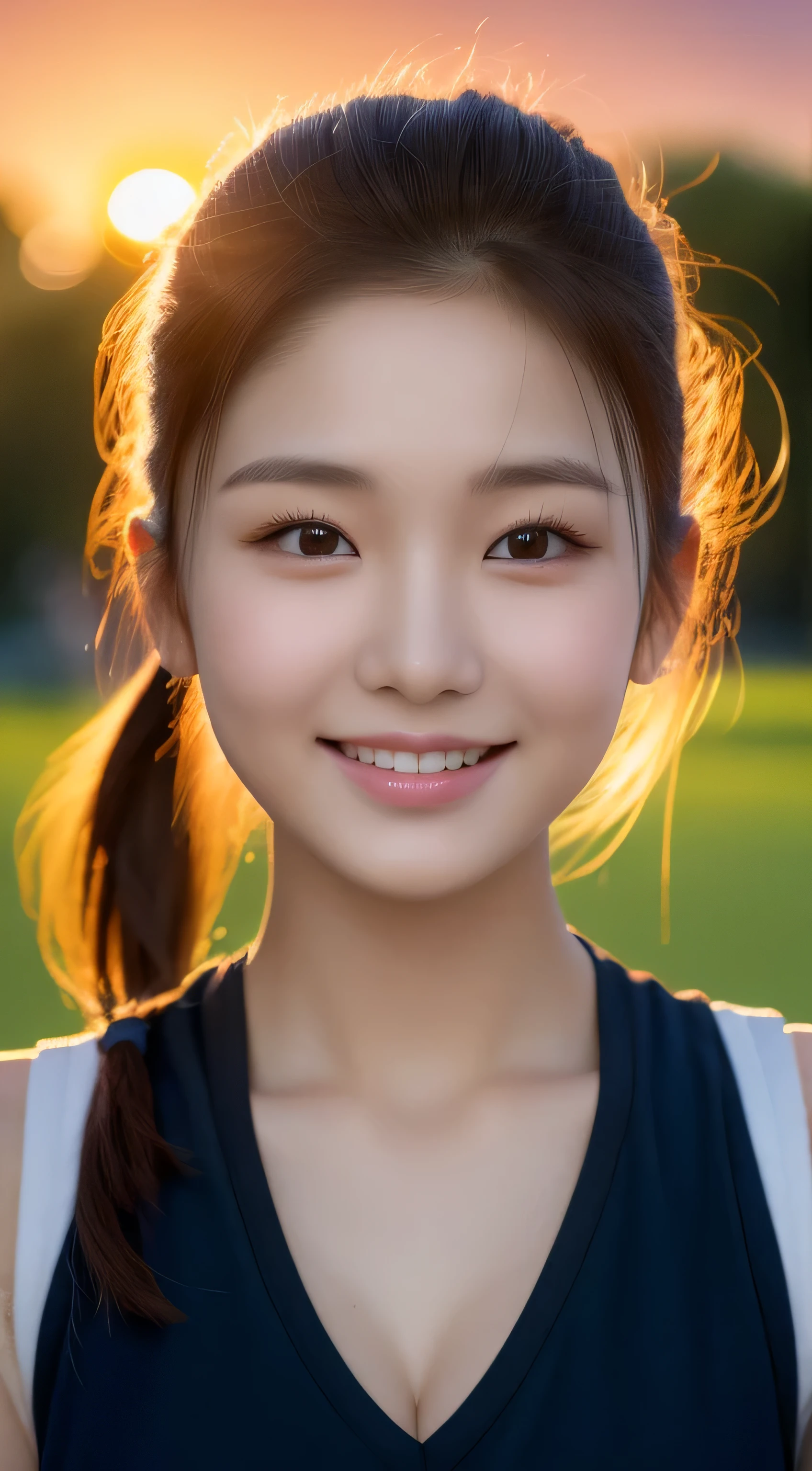 (original photography), (realism), (​Masterpiece), (top quality), High resolution, 16K resolution，1 cute real photo of a Korean star，16 years old，cute big eyes，((short ponytail))，White skin,，Light makeup，Bust 32 inches，split，smile slightly，(Smooth waist)，((Half-length close-up portrait))，Extremely detailed eyes and facial details，Wearing an orange sports vest, (((In the park)), complex background，(((strong sunset light)))