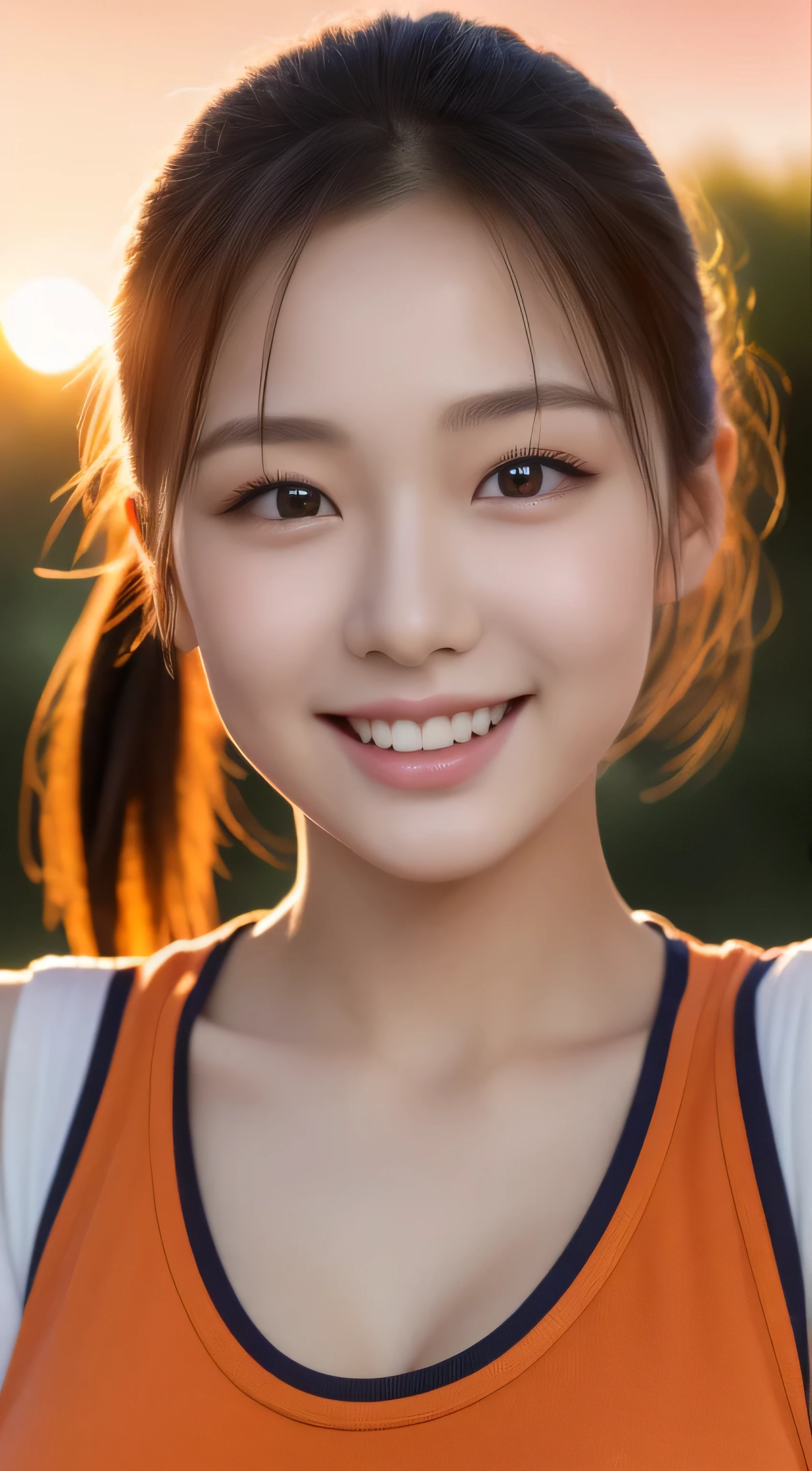 (original photography), (realism), (Masterpiece), (top quality), High resolution, 16K resolution,1 cute real photo of a Korean star,,cute big eyes,((short ponytail)),White skin,,Light makeup,Bust 32 inches,split,smile slightly,(Smooth waist),((Half-length close-up portrait)),Extremely detailed eyes and facial details,Wearing an orange sports vest, (((In the park)), complex background,(((strong sunset light)))