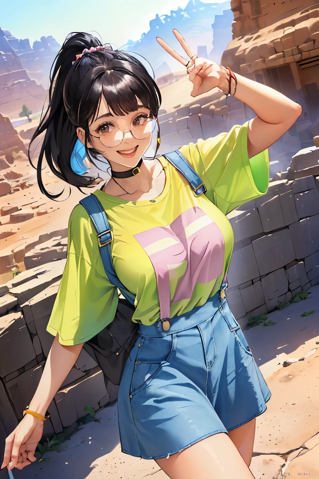((Wide angle shot)) Beautiful female tourist, black hair in a ponytail, bangs, wearing large glasses, smiling at the corners of the mouth, ((wearing a pastel-colored t-shirt and large mini-skirt overallorning Light, Petra Jordan