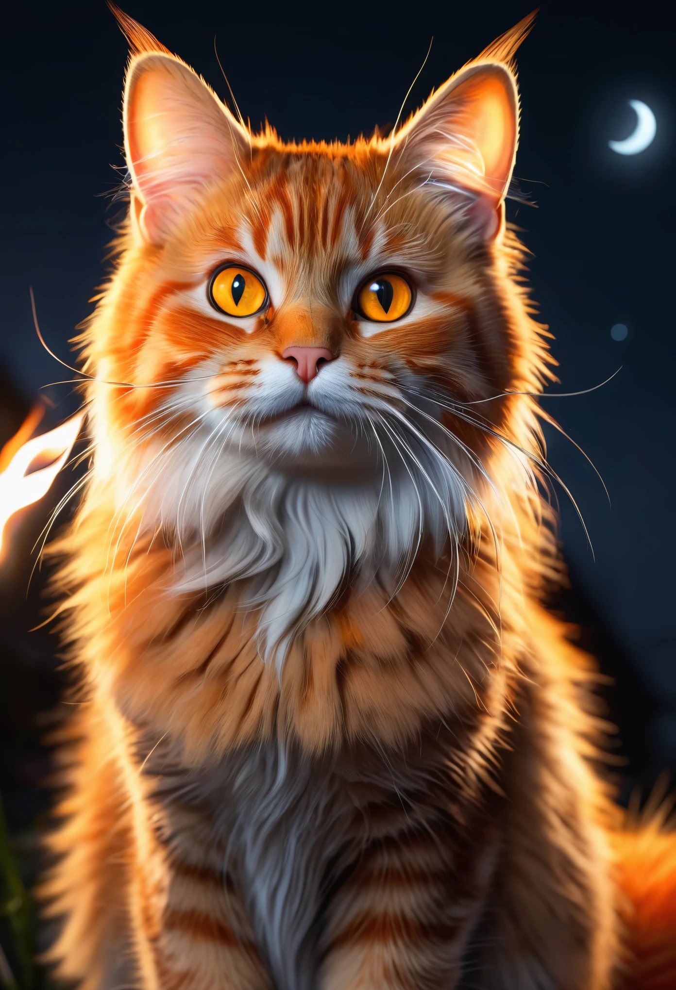 (best quality,highres:1.2),ultra-detailed,realistic,a cat with a torch,orange fur,shining torchlight,curious eyes,fluffy tail,night scene,moonlit background,soft shadows,detail-rich fur texture,vivid colors,bokeh,photography