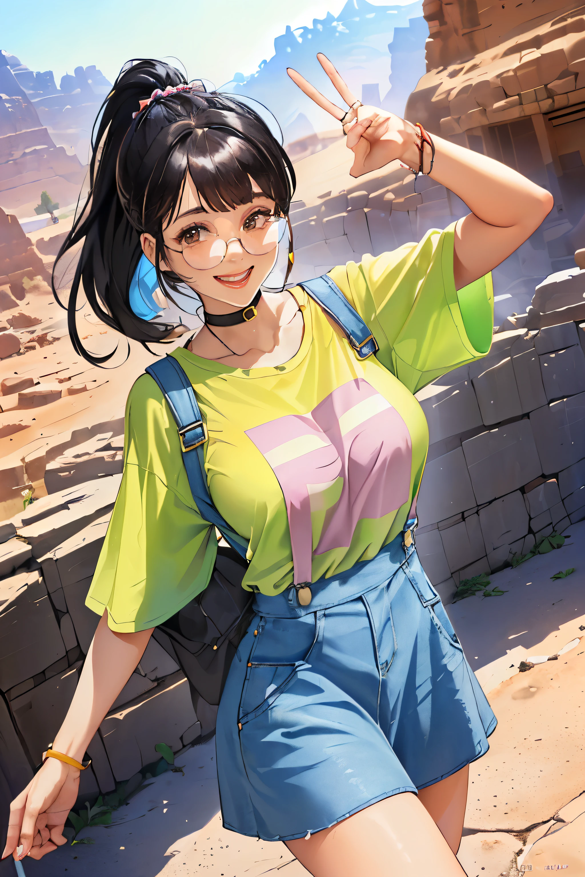 ((Wide angle shot)) beautiful female tourist, black hair in a ponytail, smooth, wearing large glasses, smile at the corner of the mouth, ((Wear a pastel-colored t-shirt and a light, large miniskirt., Petra Jordan