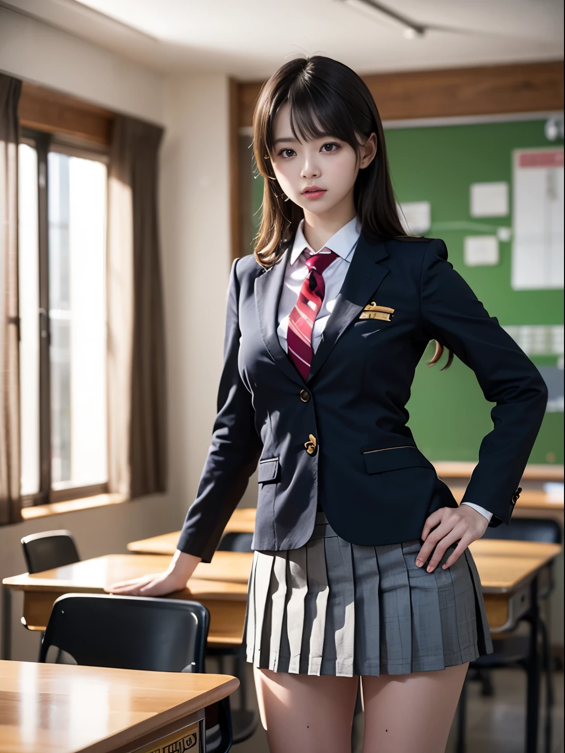 one young girl, blazer、、uniform、8k wallpaper, professional photography, realistic portrait, cinematic light, bangs, shortcut、(expensive , pleated mini skirt:1.3), School, classroom, (get used to it: 1.4), 3D, HDR (high dynamic range), ray tracing, NVIDIA RTX, super resolution, Scattered under the surface, PBR texture, Post-processing, anisotropic filtering, Depth of written boundary, maximum sharpness and sharpness, multilayer texture, Albedo and Highlight Mapping, surface shading, Accurate simulation of light-matter interactions, perfect proportions, octane rendering, surreal、Photographed with Canon EOS R5、50MM lens、f / 2.8