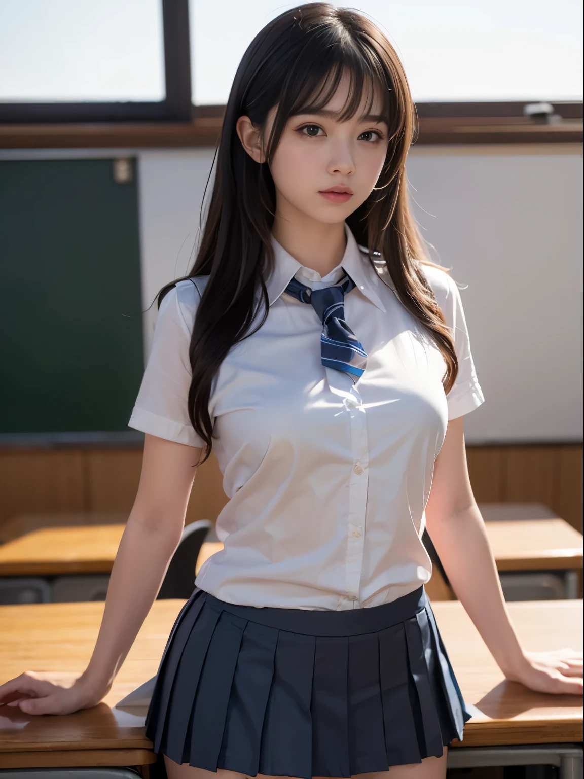 one young girl, blazer、、uniform、8k wallpaper, professional photography, realistic portrait, cinematic light, bangs, shortcut、(expensive , pleated mini skirt:1.3), School, classroom, (get used to it: 1.4), 3D, HDR (high dynamic range), ray tracing, NVIDIA RTX, super resolution, Scattered under the surface, PBR texture, Post-processing, anisotropic filtering, Depth of written boundary, maximum sharpness and sharpness, multilayer texture, Albedo and Highlight Mapping, surface shading, Accurate simulation of light-matter interactions, perfect proportions, octane rendering, surreal、Photographed with Canon EOS R5、50MM lens、f / 2.8