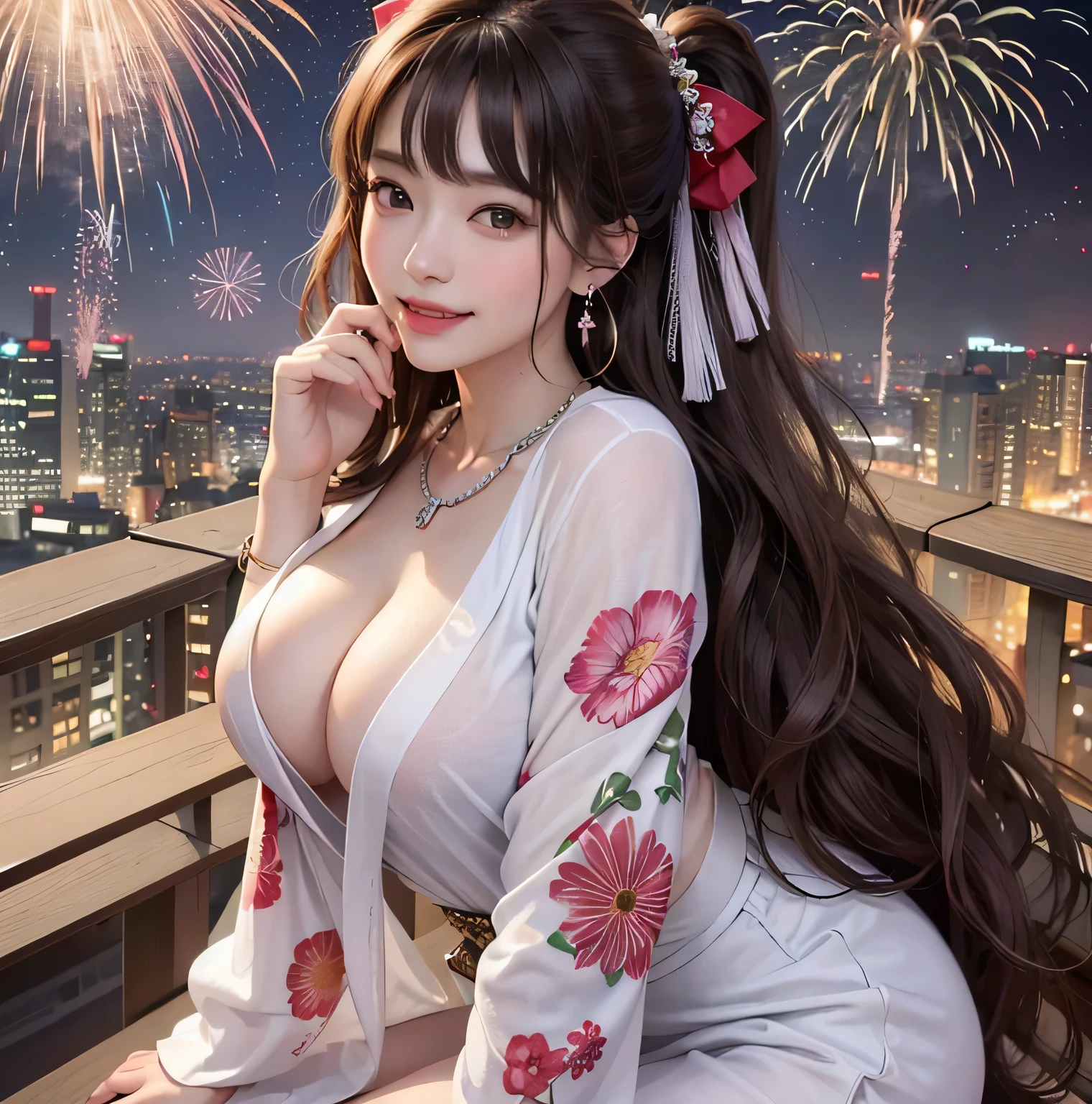 (NSFW, EOS-1D X Mark III, masterpiece, highest quality, super quality, super detailed, very detailed, tall person, High resolution, Raw photo, 4k, 4k portrait, 8K, 8K portrait, very detailed, super dense skin, detailed beautiful eyes, detailed beautiful face, detailed beautiful face and eyes, very detailed background:1.5), K-POPアイドル, 20 year old Japanese woman, 1 girl, sexy, 完璧でsexyな目, white and shining skin, (tokyo trend&sexyな髪型をランダム, long wavy hair, brown hair, natural lip, Sitting with a crab crotch, cute smile:1.2), (Wearing a yukata, necklace, earrings, bracelet, big breasts, emphasize cleavage:1.3), (Super delicate appearance, Fireworks display, sexyなグラビアポーズを取っている:1.3)