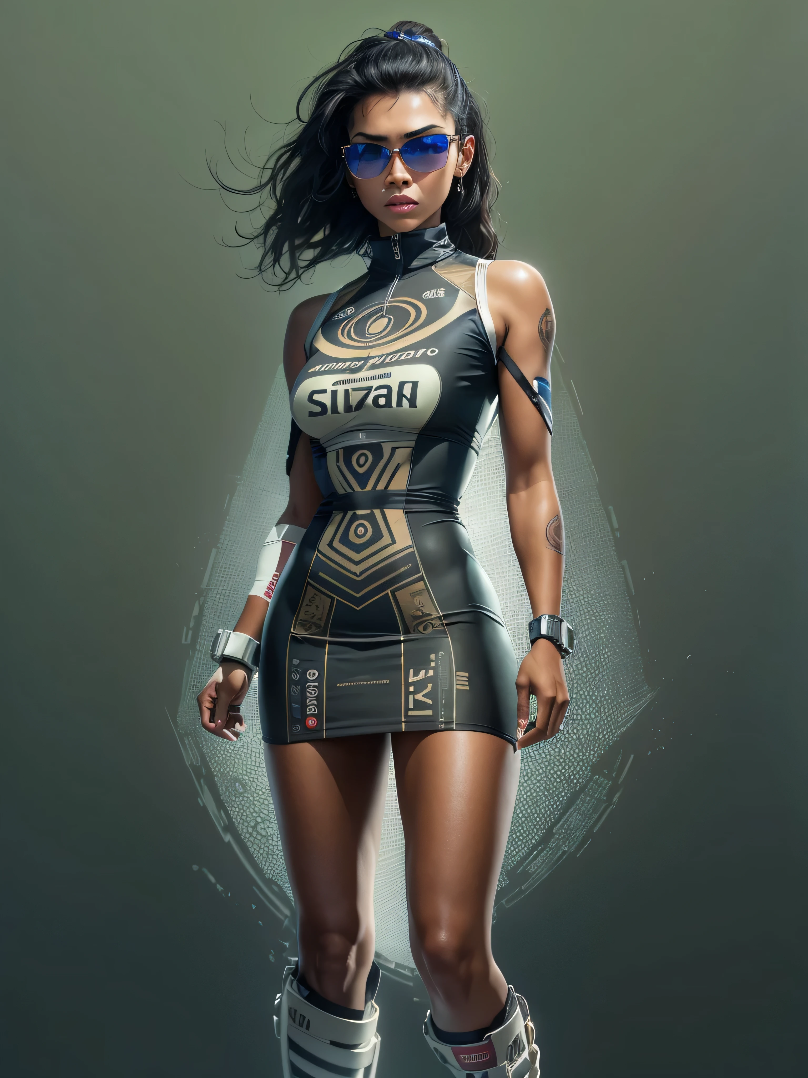  ((best quality)) , ((masterpiece)) ,((detail)) ,woman, aborigines, assassin,matte skate skirt,slicked back hairstyle,Peeping Space Age Blacktail,Simple background,  (((Advertising poster style))) , painting . professional, modern, Product-centric, commercial, striking, Very detailed,8K resolution