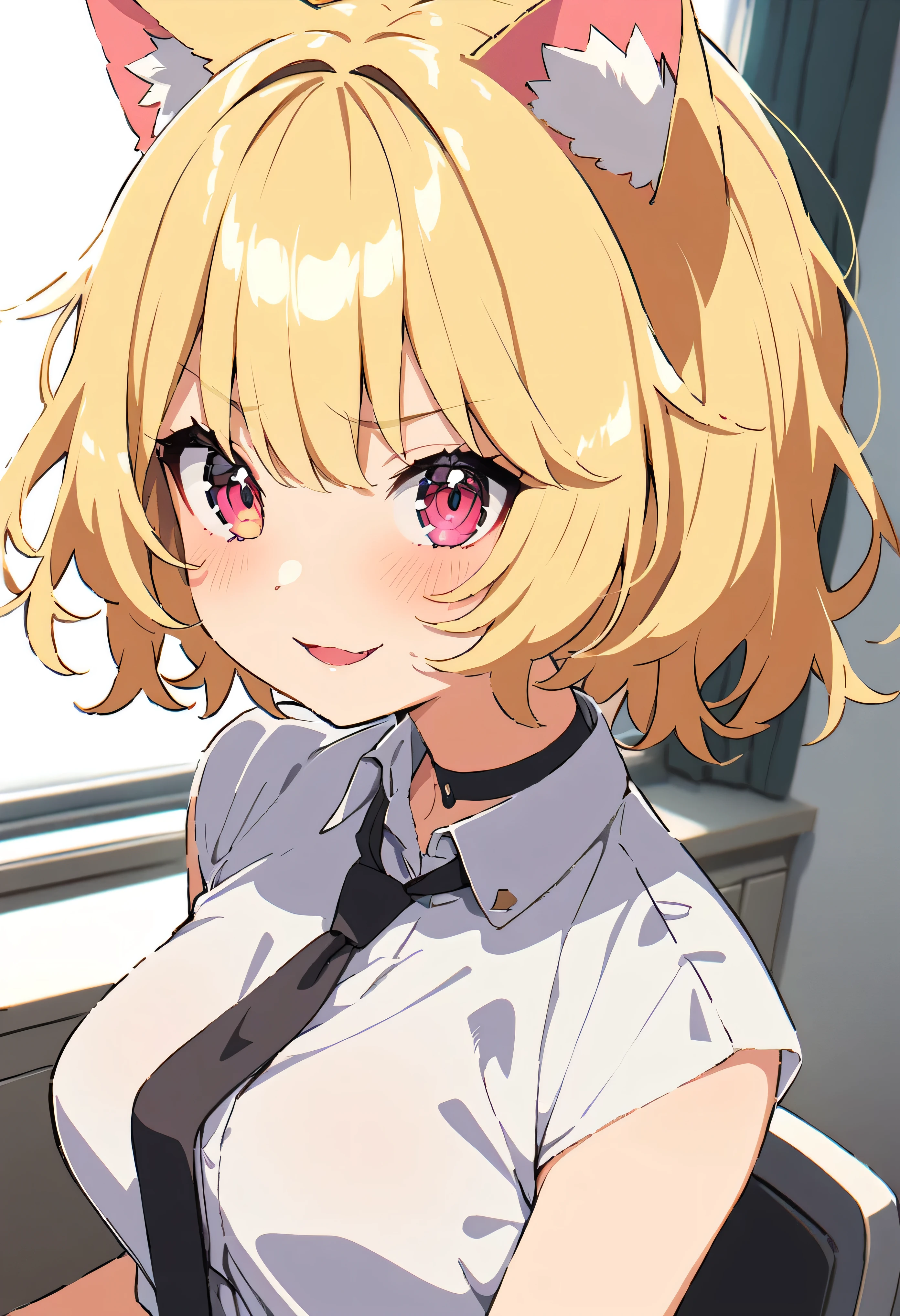 NSFW, masterpiece, (highest quality:1.2), (sharp focus:1.2),, 1 girl, slim girl,, (blonde|light_yellow hair), Cat ear,, detailed face, young|cute face, blush, evil smile,, natural breasts, thin arms,, white collared shirt and black tie, black choker,, in a modern office, indoor