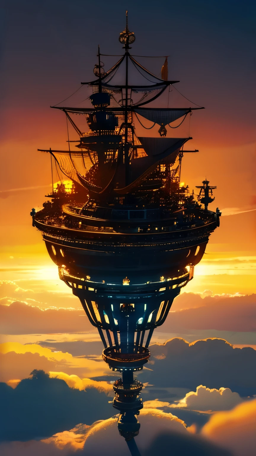 steampunkai。Viewing the sea of clouds from the handrail of the outer path of the floating city。aerial perspective。The background is a dynamic sunset。