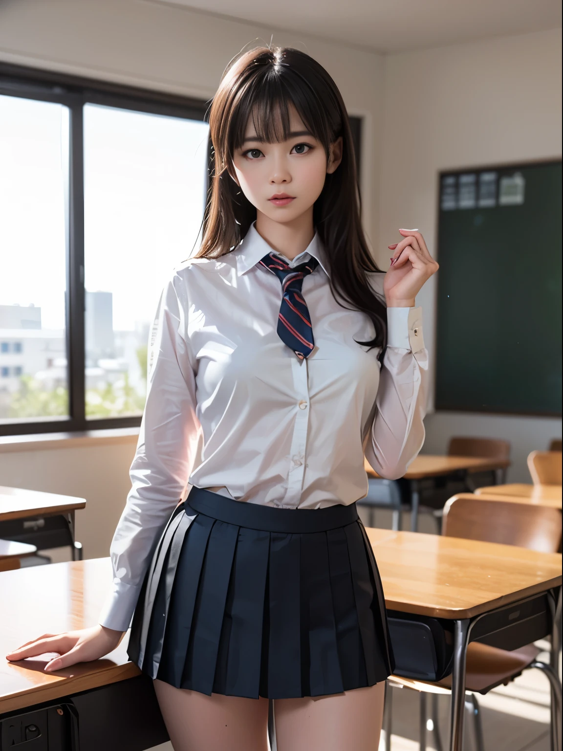 one young girl, blazer、、uniform、8k wallpaper, professional photography, realistic portrait, cinematic light, bangs, shortcut、(expensive , pleated mini skirt:1.3), School, classroom, (get used to it: 1.4), 3D, HDR (high dynamic range), ray tracing, NVIDIA RTX, super resolution, Scattered under the surface, PBR texture, Post-processing, anisotropic filtering, Depth of written boundary, maximum sharpness and sharpness, multilayer texture, Albedo and Highlight Mapping, surface shading, Accurate simulation of light-matter interactions, perfect proportions, octane rendering, surreal、Photographed with Canon EOS R5、50MM lens、f / 2.8